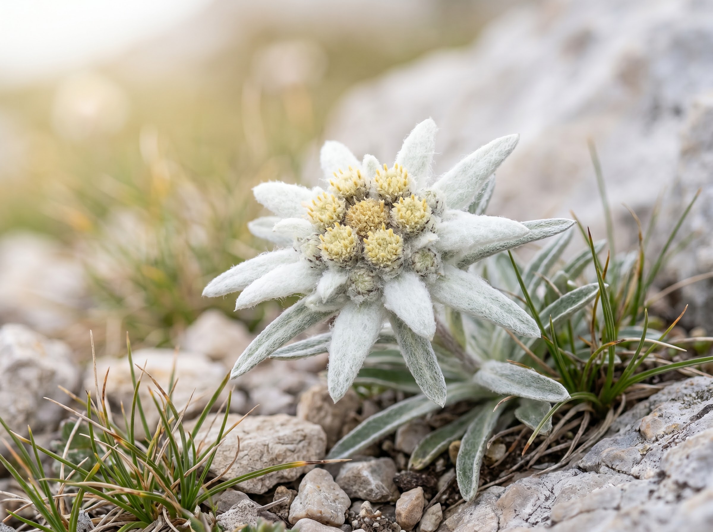 Close-up of a star-shaped white woolly Edelweiss flower blooming on an alpine slope