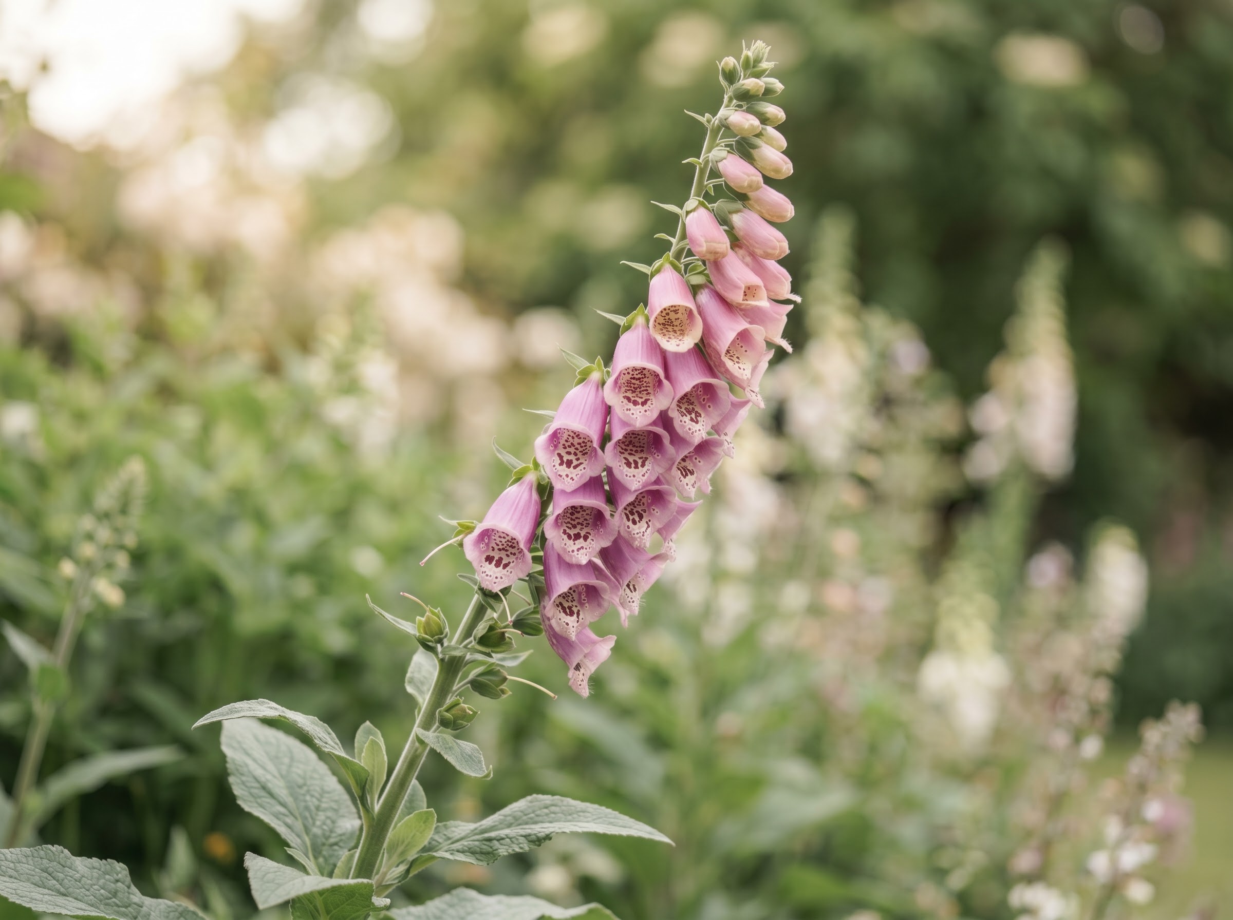 Tall foxglove spire with speckled pink tubular flowers in a soft summer cottage garden