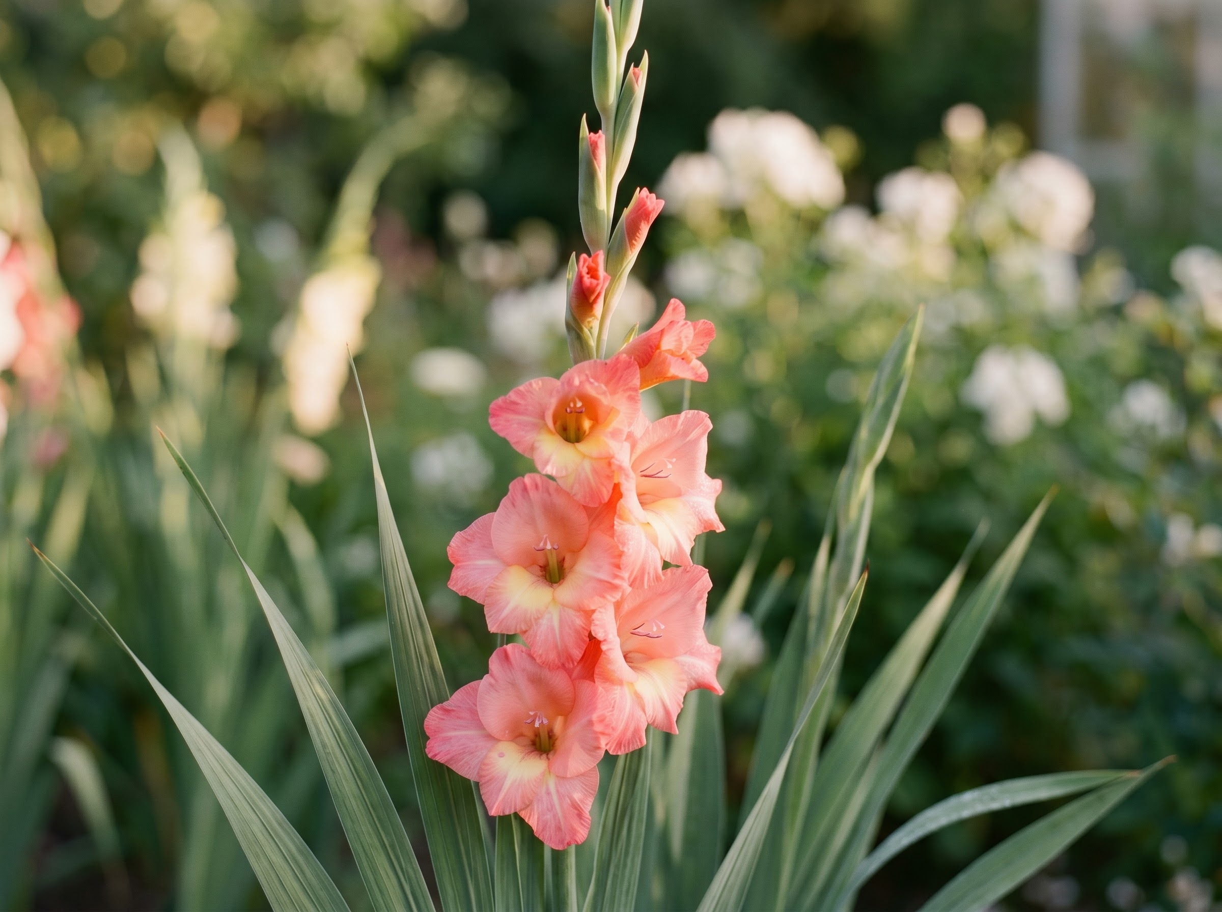 Tall coral and pink Gladiolus spike in bloom in a sunlit summer garden