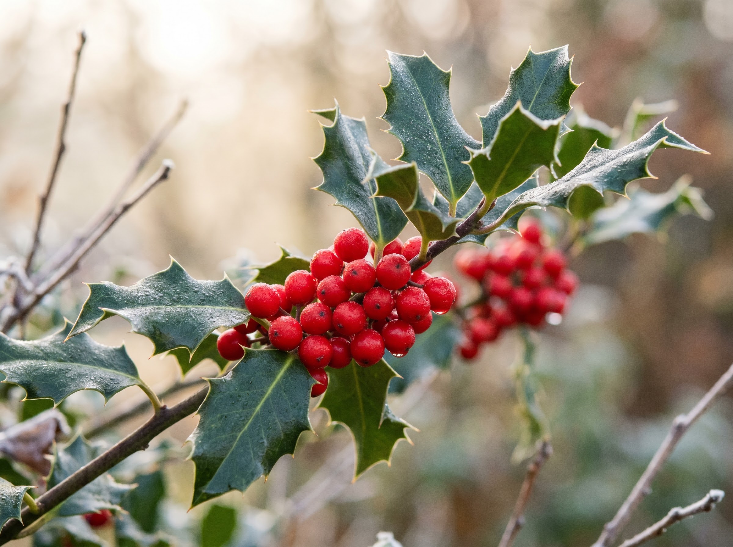 Close-up of English holly branch with glossy spiny leaves and bright red winter berries
