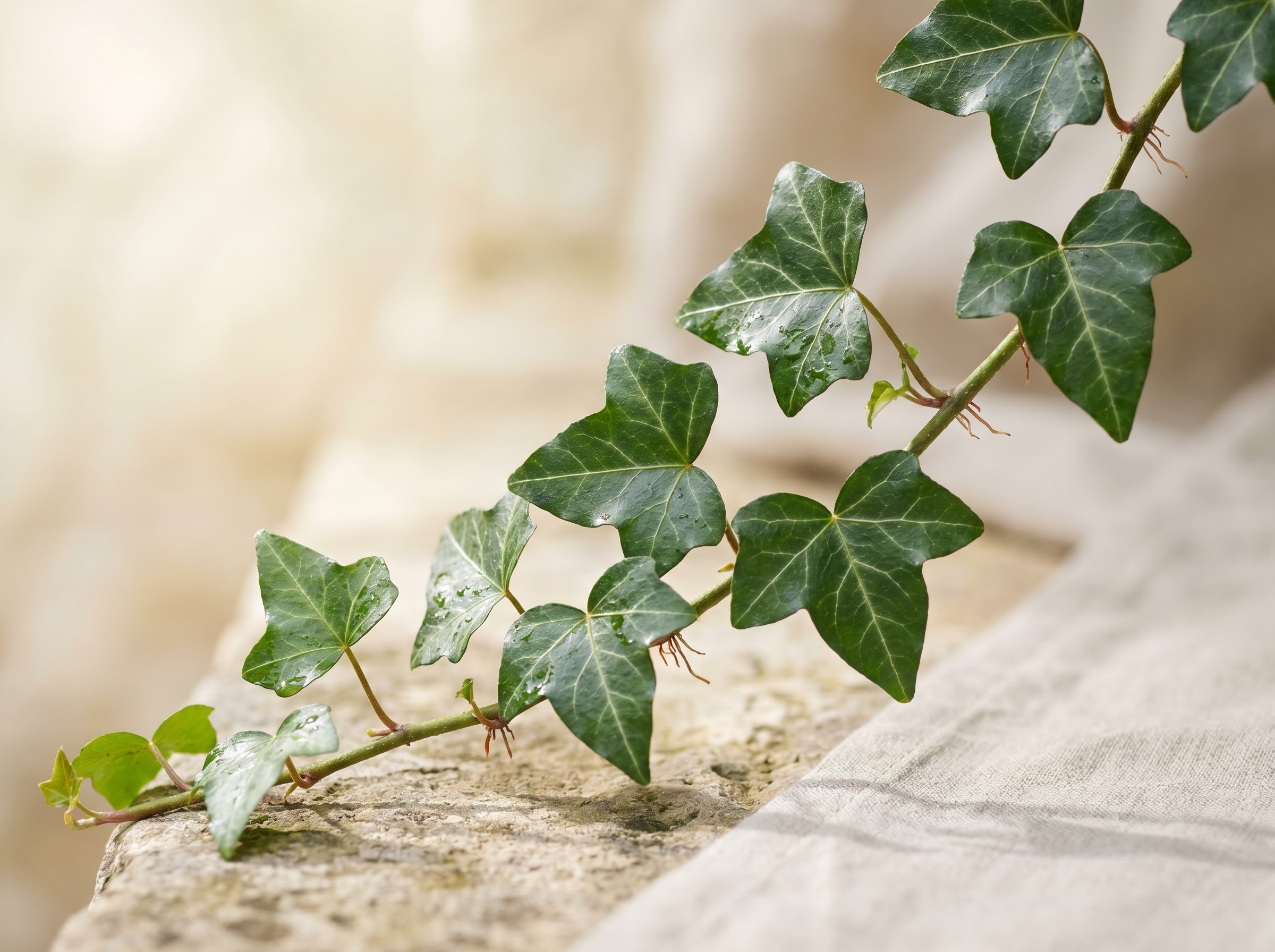 Close-up of English ivy with glossy lobed evergreen leaves trailing in soft daylight