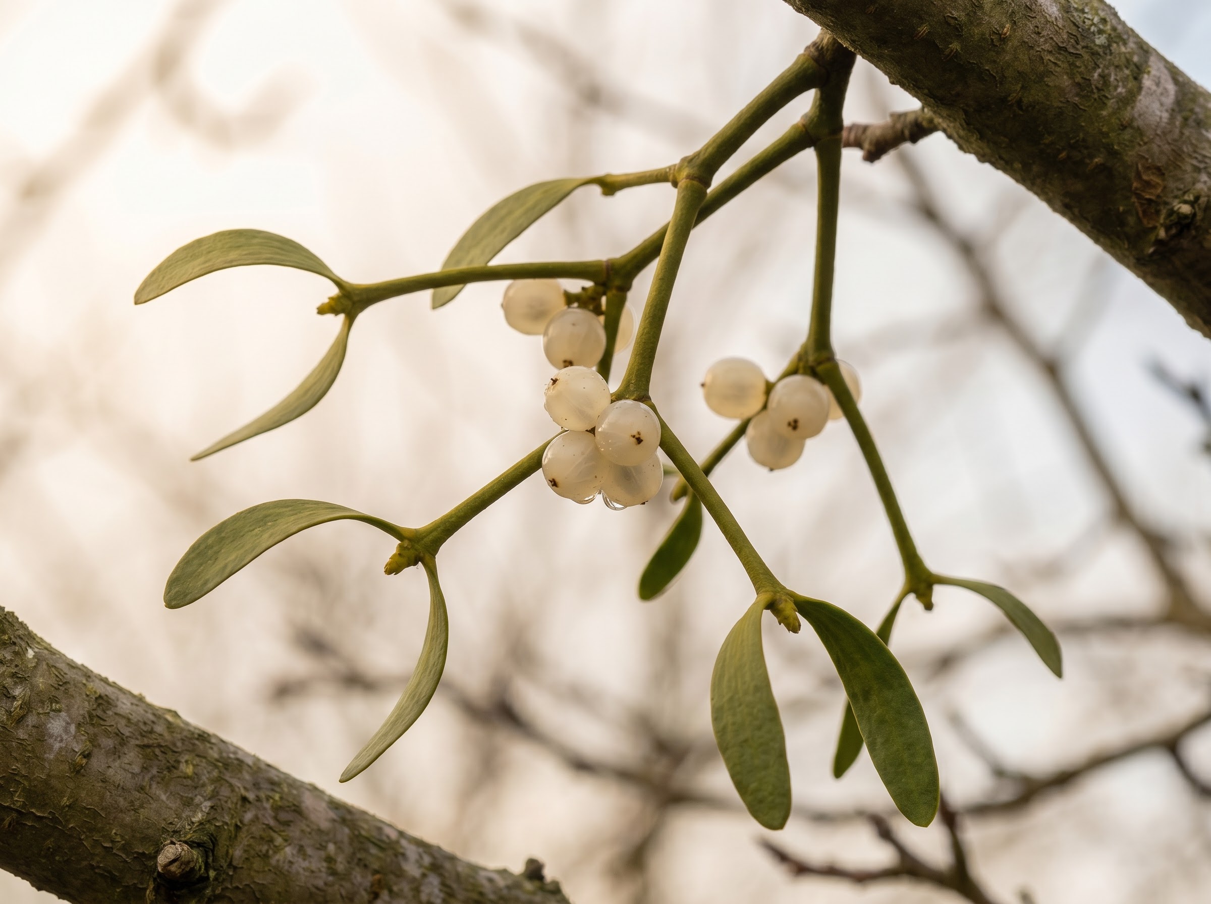 Mistletoe sprig with paired green leaves and waxy white berries on an oak branch