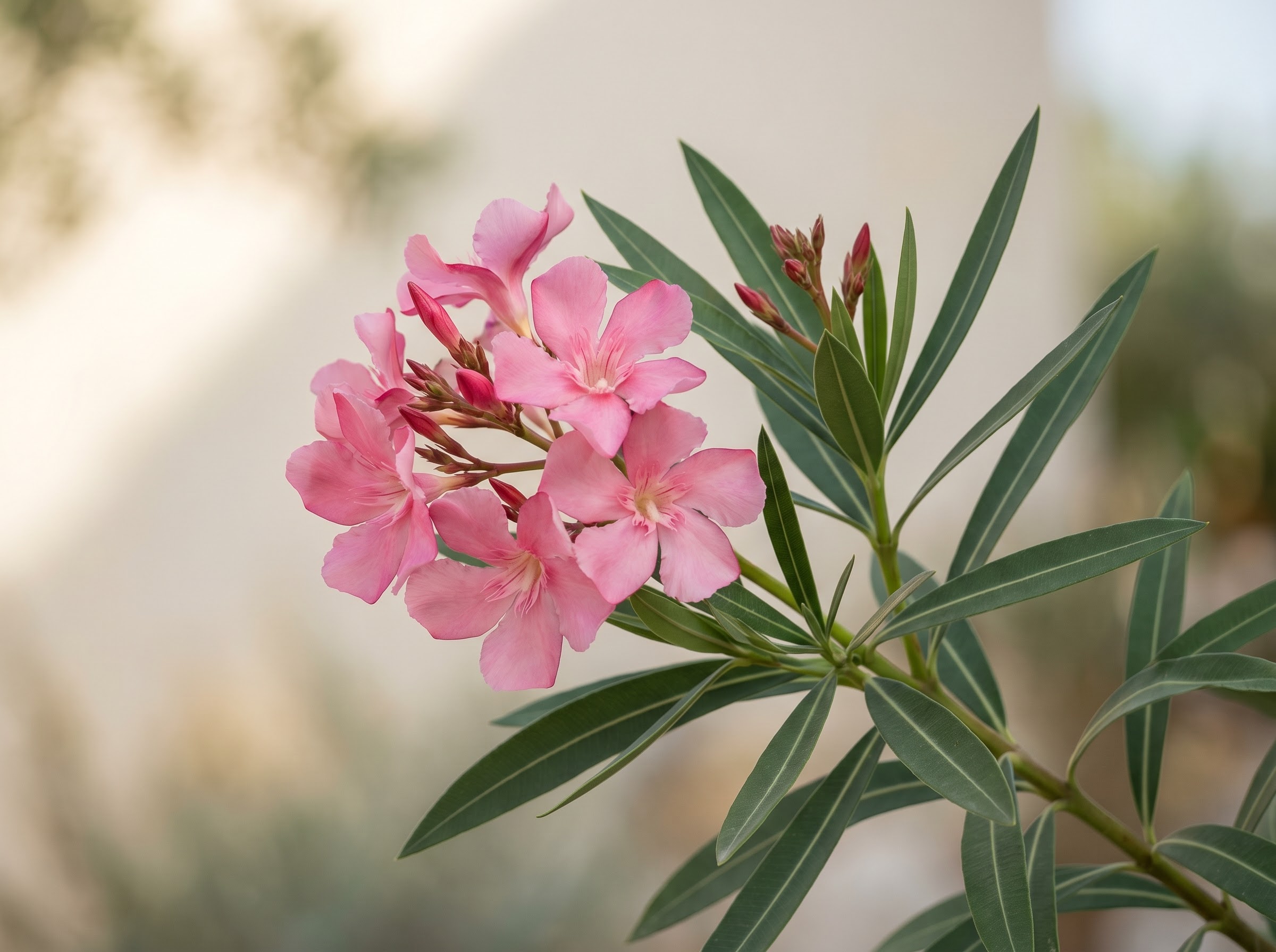 Pink Oleander flower cluster with slender green leaves in soft natural daylight