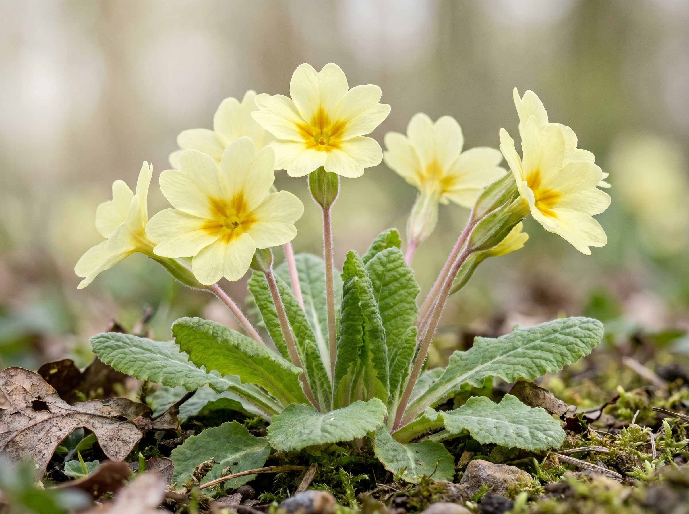 Cluster of pale yellow Primrose flowers blooming low among crinkled green leaves in spring garden