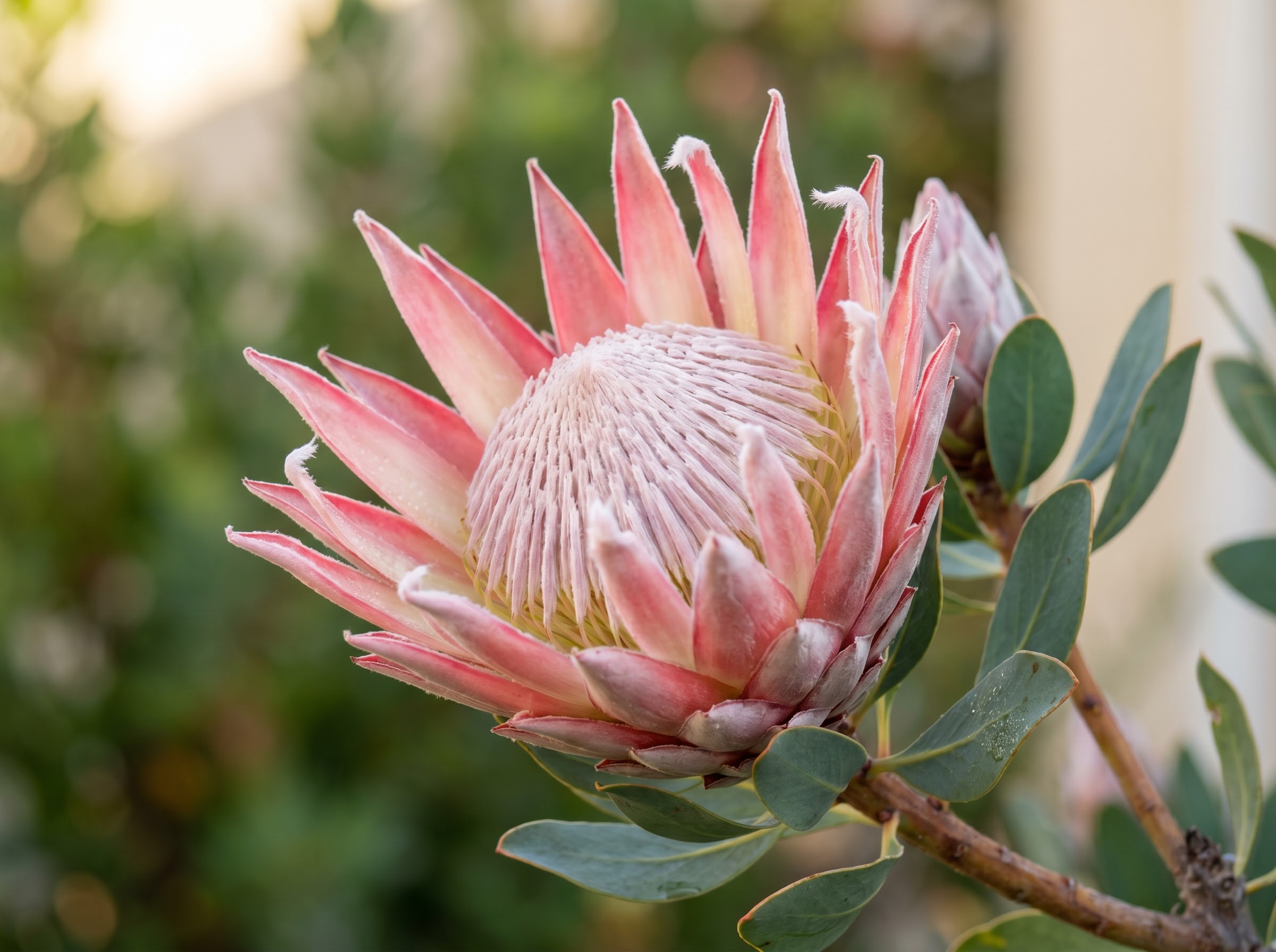 Pink king protea bloom with feathery silver-tipped bracts in soft garden daylight