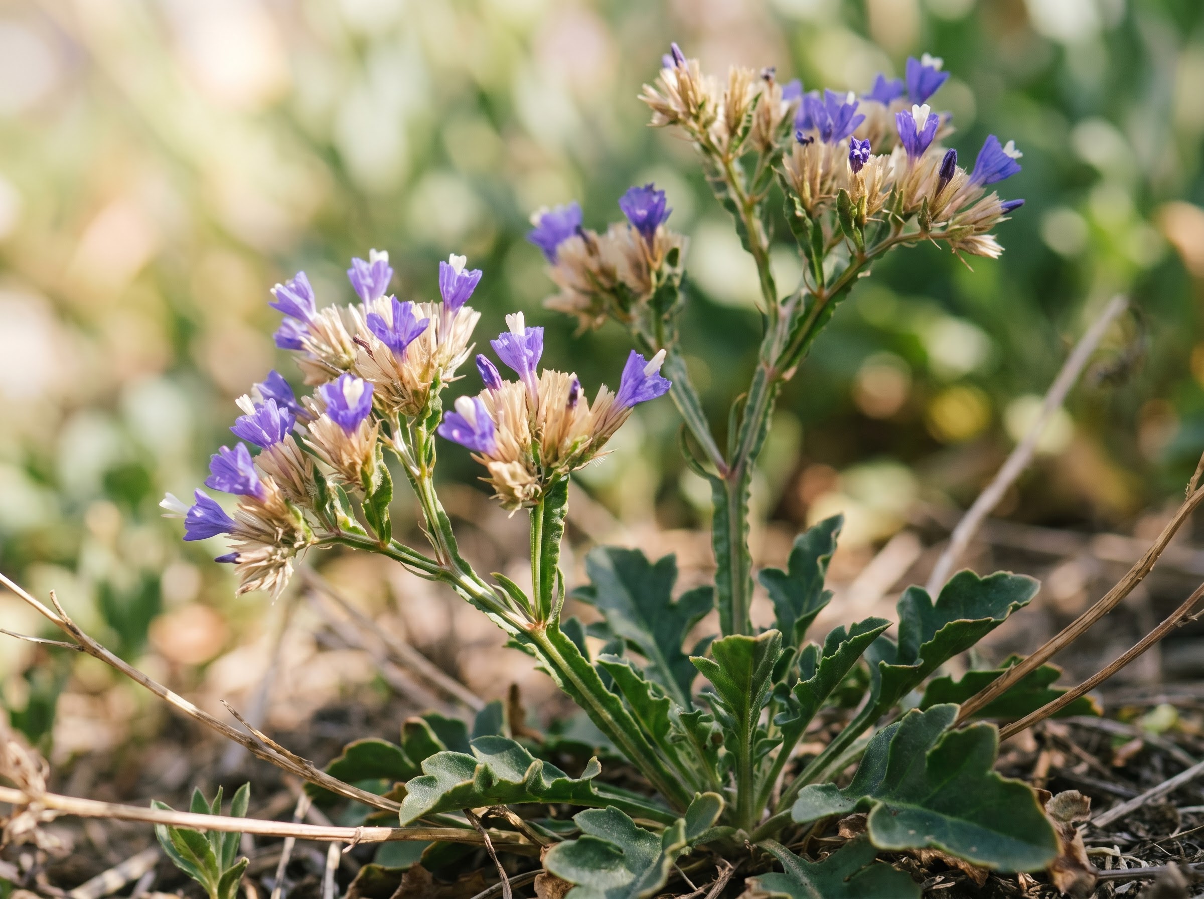 Statice flowers with papery violet-blue blooms on winged stems in a sunlit summer garden