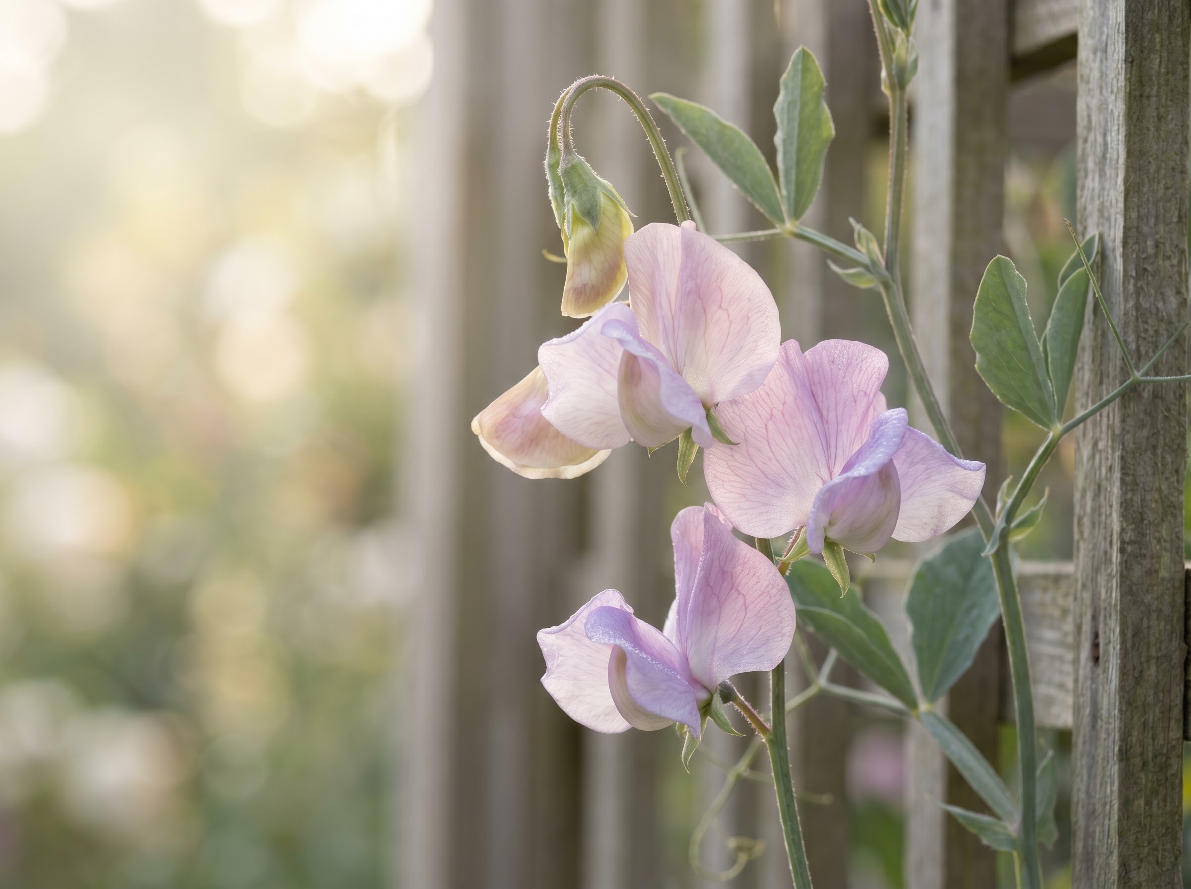 Sweet pea blossoms in soft pastel pink and lilac climbing a garden trellis in daylight