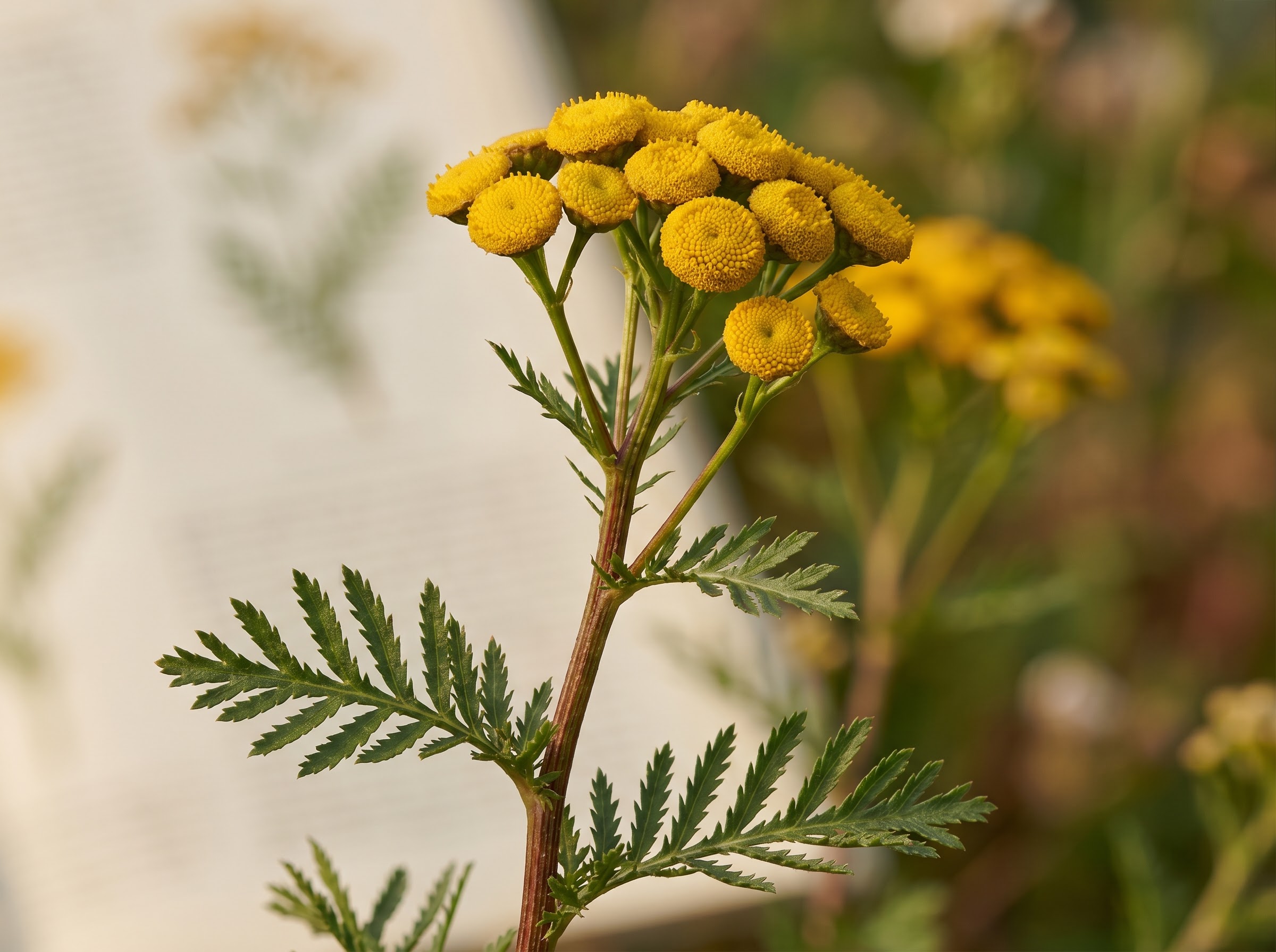 Common tansy plant with clusters of round golden-yellow button flowers and fern-like leaves
