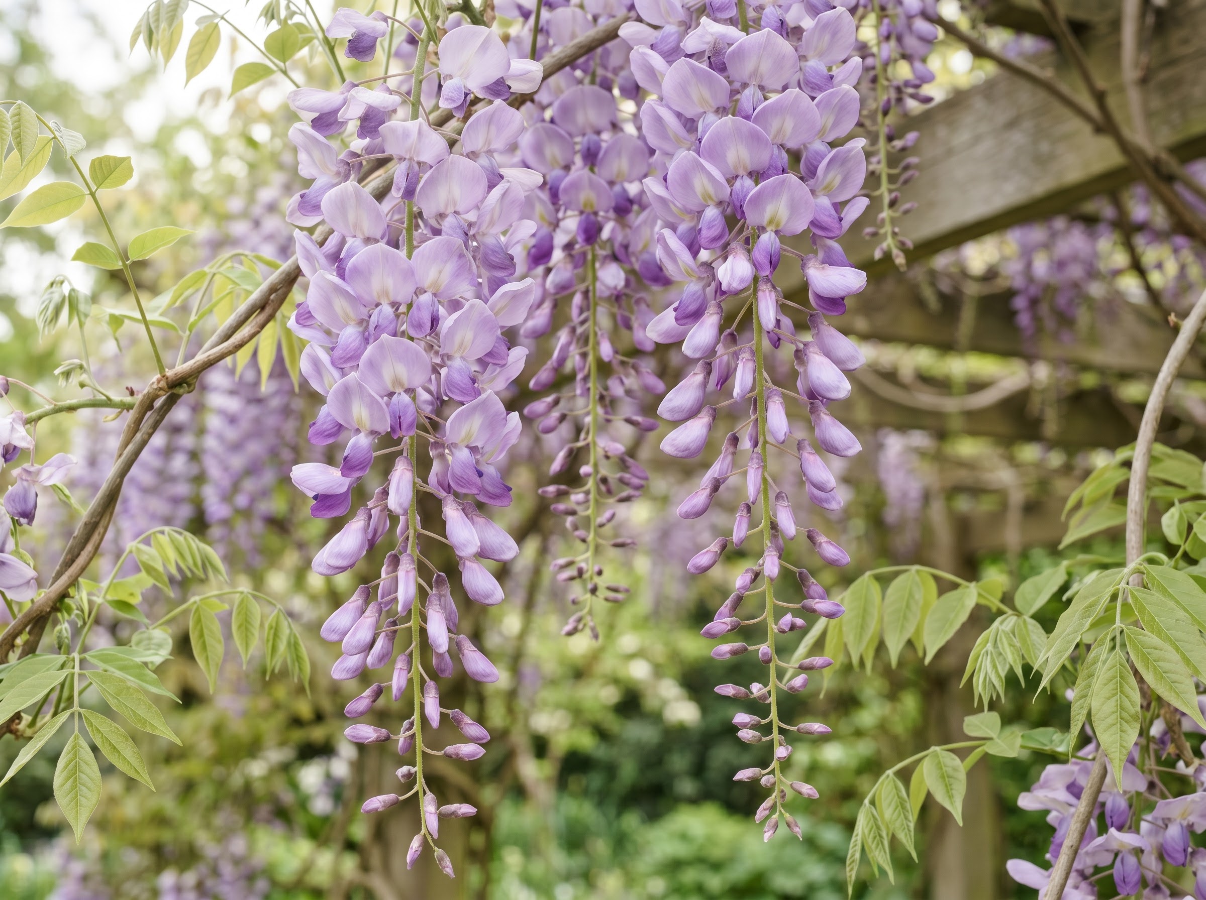Cascading purple Wisteria blossoms hanging from a vine in soft spring daylight