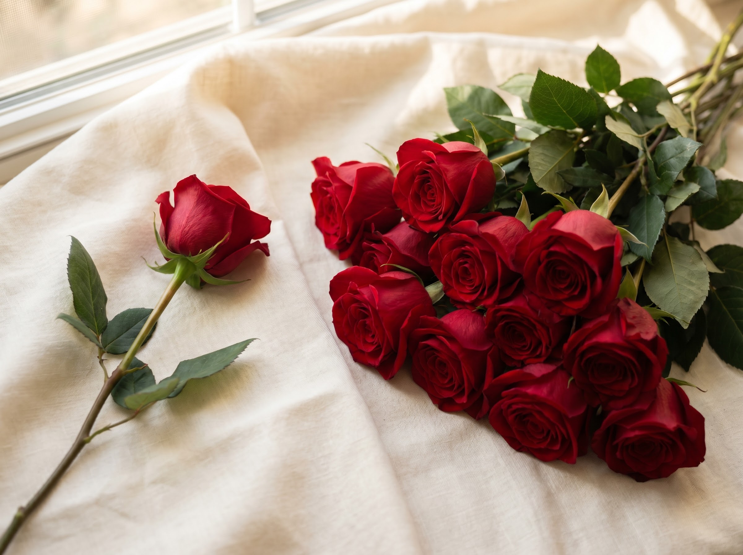 Single red rose beside a dozen red roses showing the number-of-roses gifting tradition
