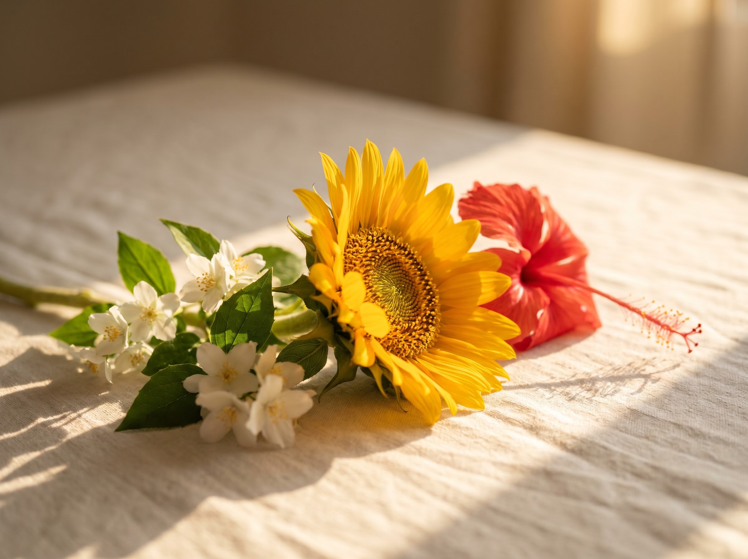 Sunflower turning toward sunlight beside jasmine and hibiscus, flowers of warmth devotion and beauty