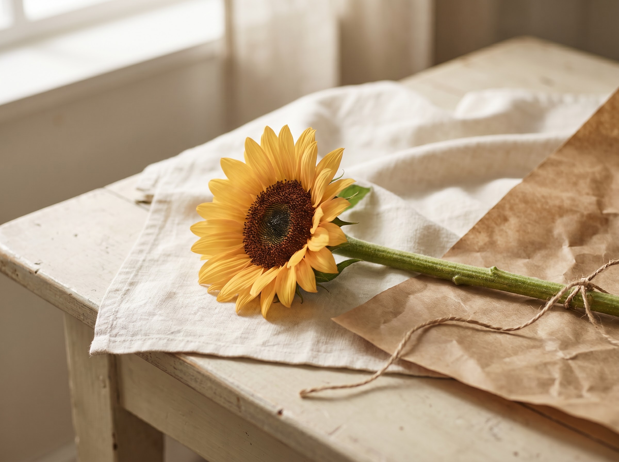 Single sunflower gift on cream linen, expressing loyal friendship and steady warmth