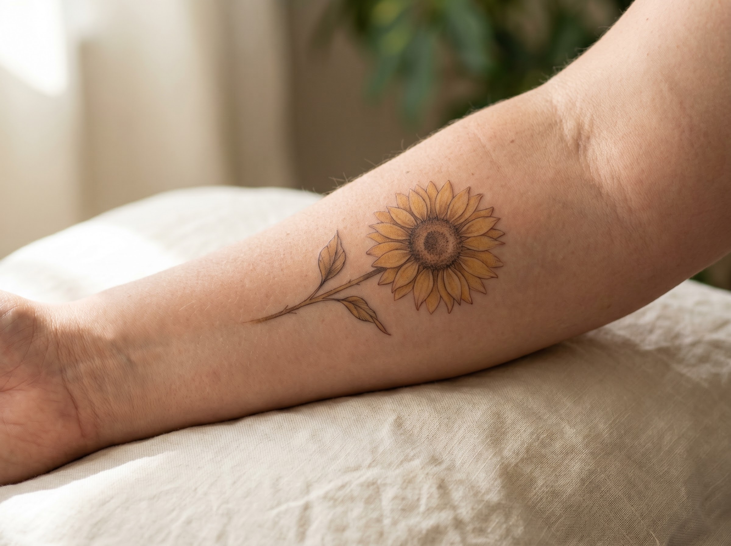 Sunflower tattoo on a forearm symbolizing loyalty, positivity, hope, and a fresh start
