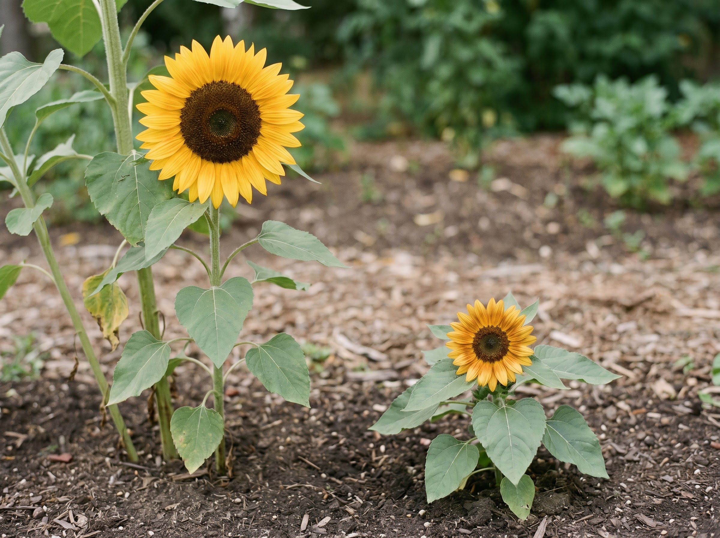 Tall giant sunflower beside a short dwarf sunflower showing the split Victorian meanings by size