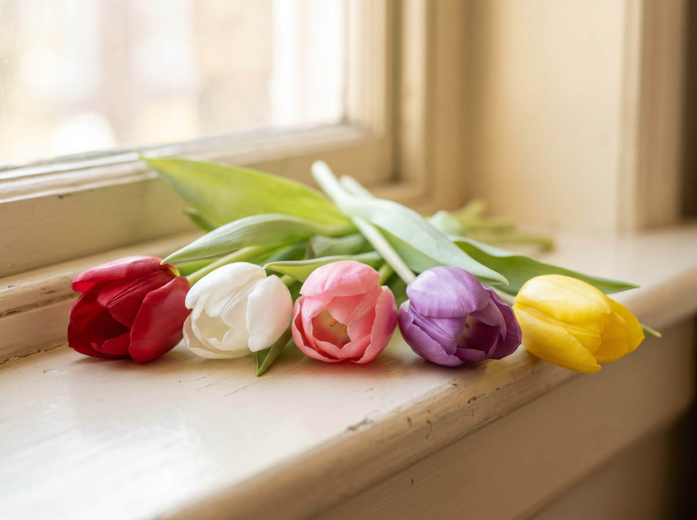 Red, white, pink, purple and yellow tulips grouped together showing each tulip colour meaning