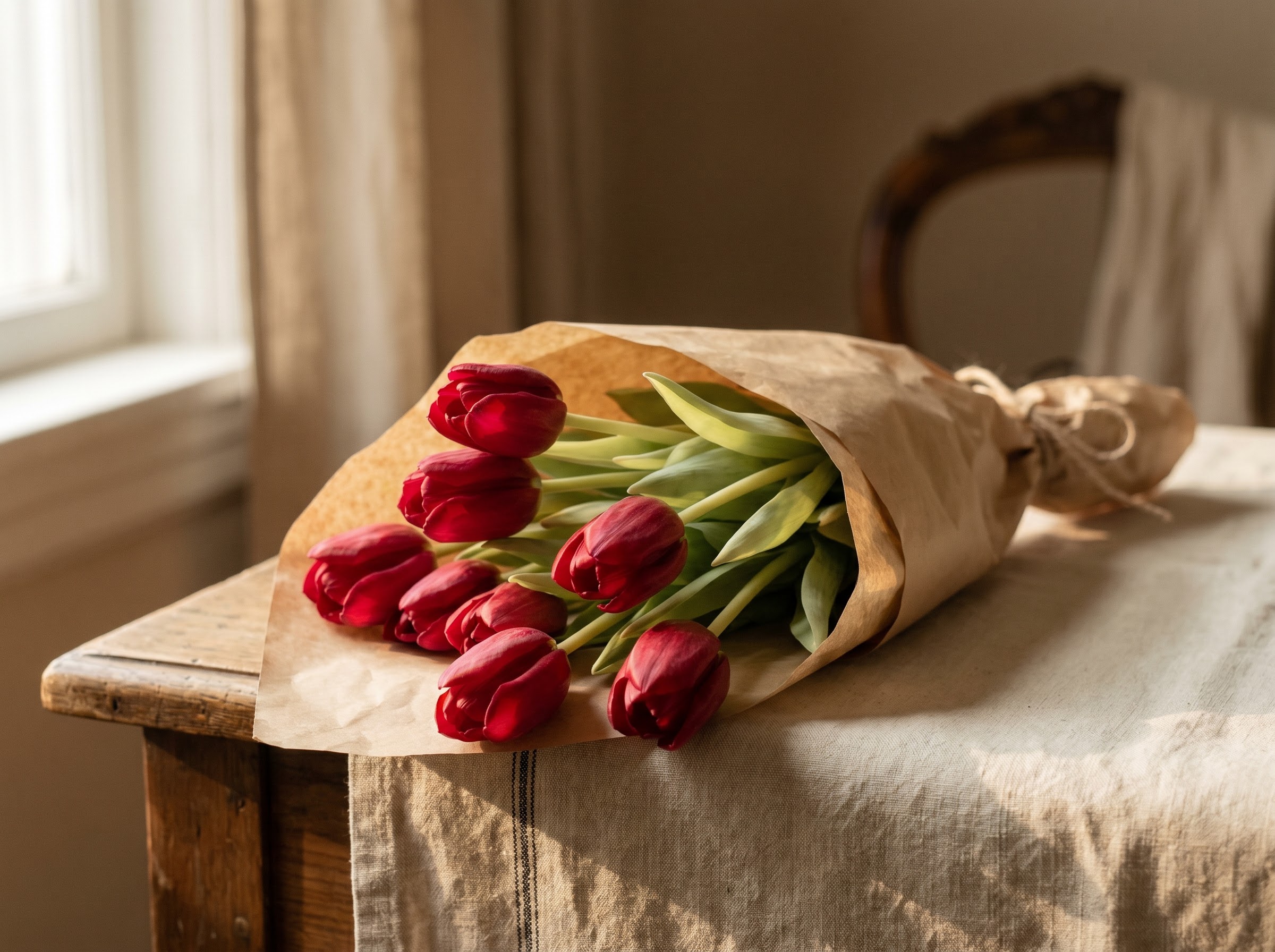 Deep red tulips wrapped as a gift, evoking the Persian legend of love behind the tulip