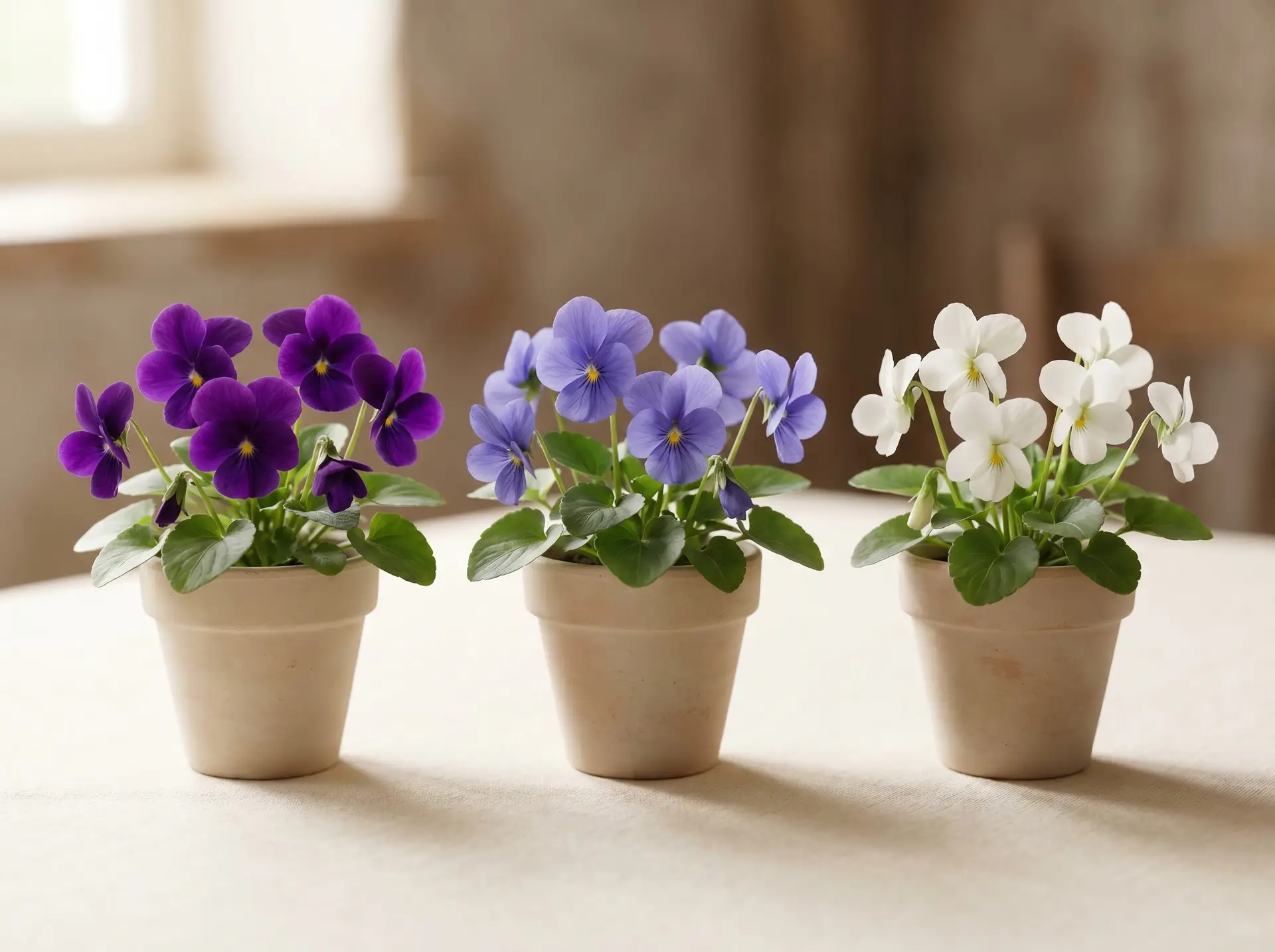 Purple, blue, and white violets side by side showing the three violet colour meanings