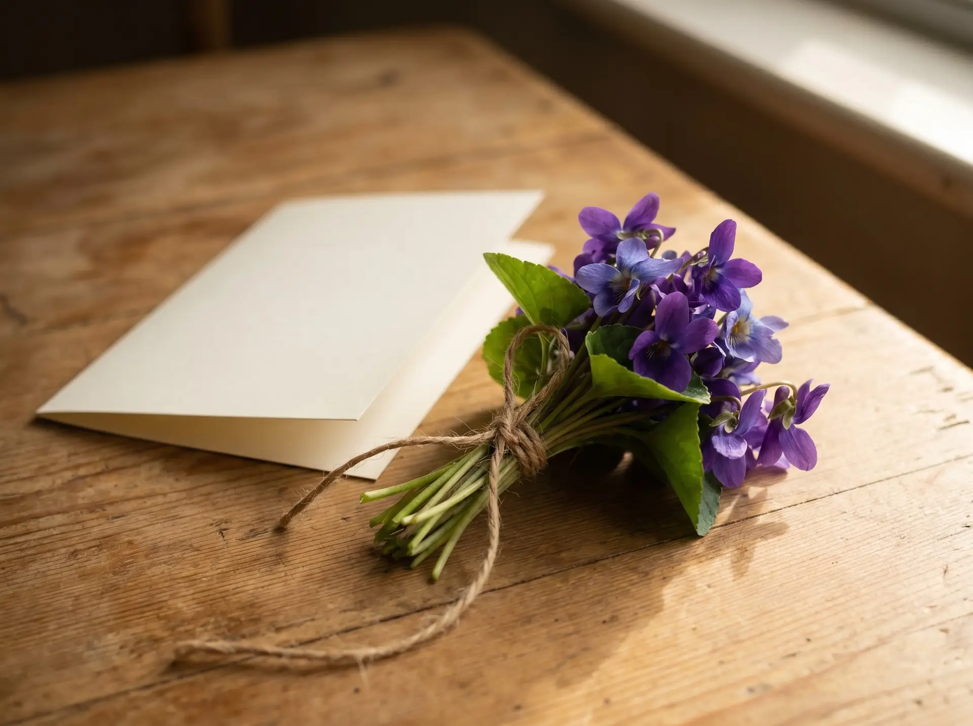 Small posy of violets beside a plain card, a quiet token of faithful loyal love