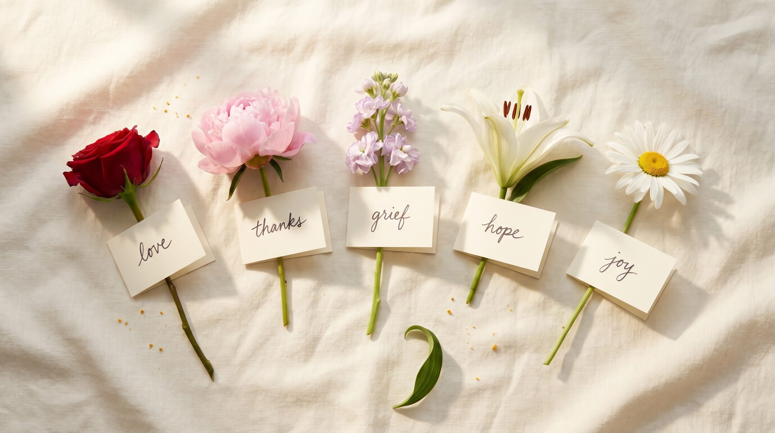 Cut flowers fanned across cream linen, each labeled with a feeling word like love and grief
