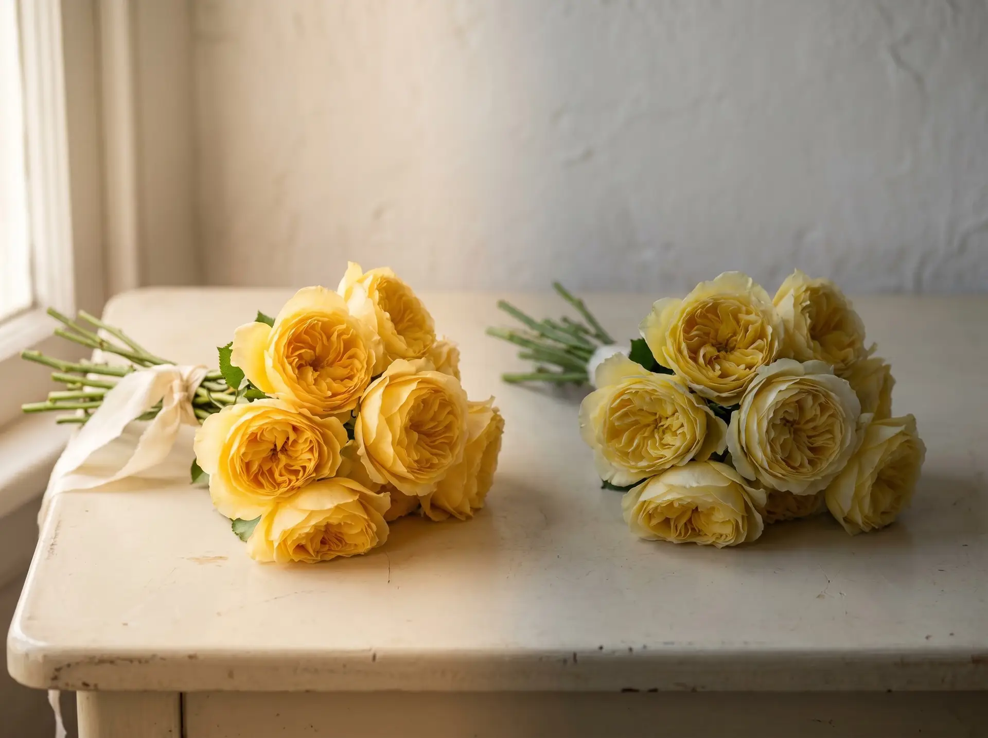 Two bunches of yellow roses showing the friendship versus jealousy meaning shift over time