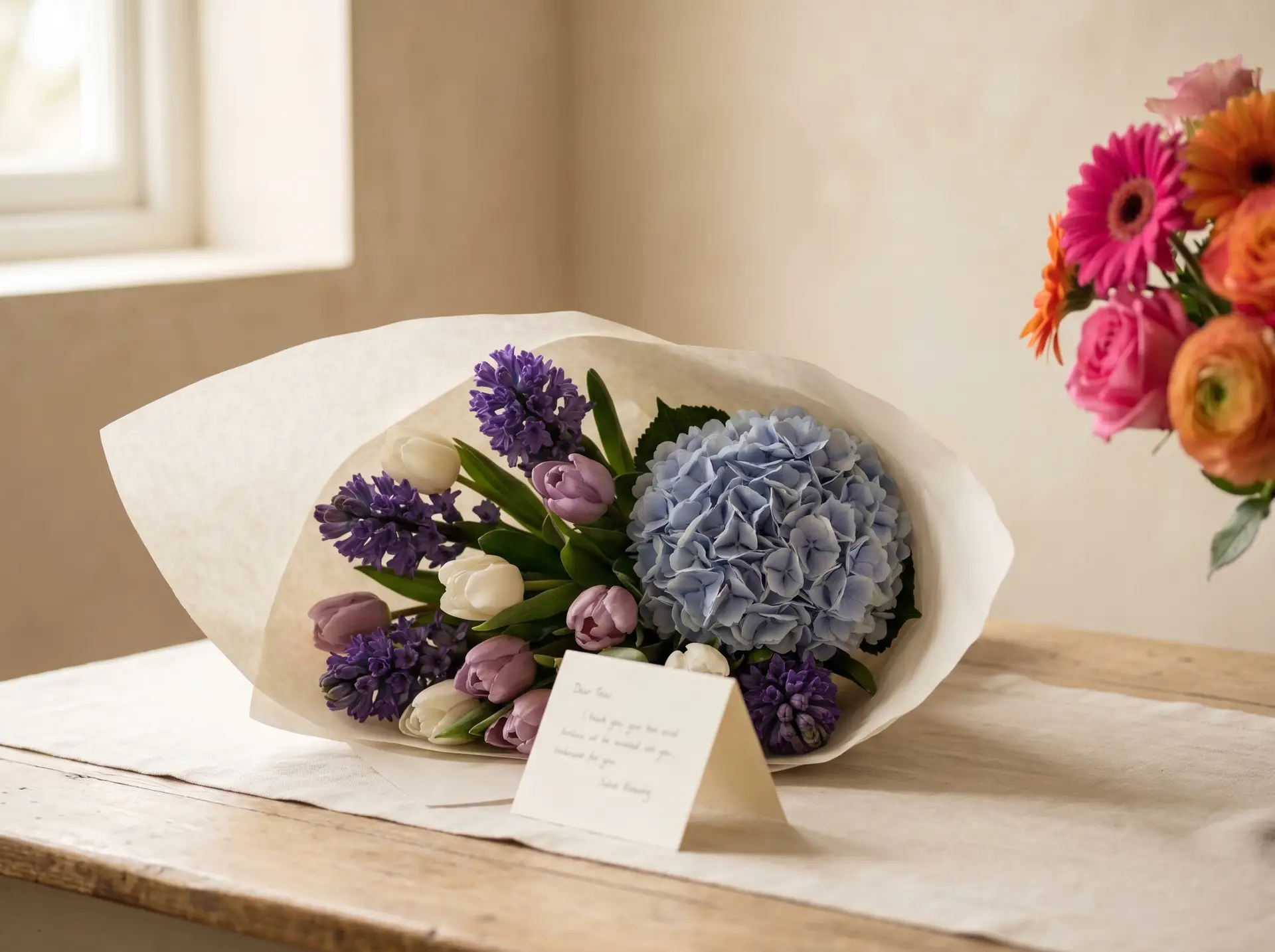 Soft purple hyacinth apology bouquet with a note card beside a brighter celebratory arrangement