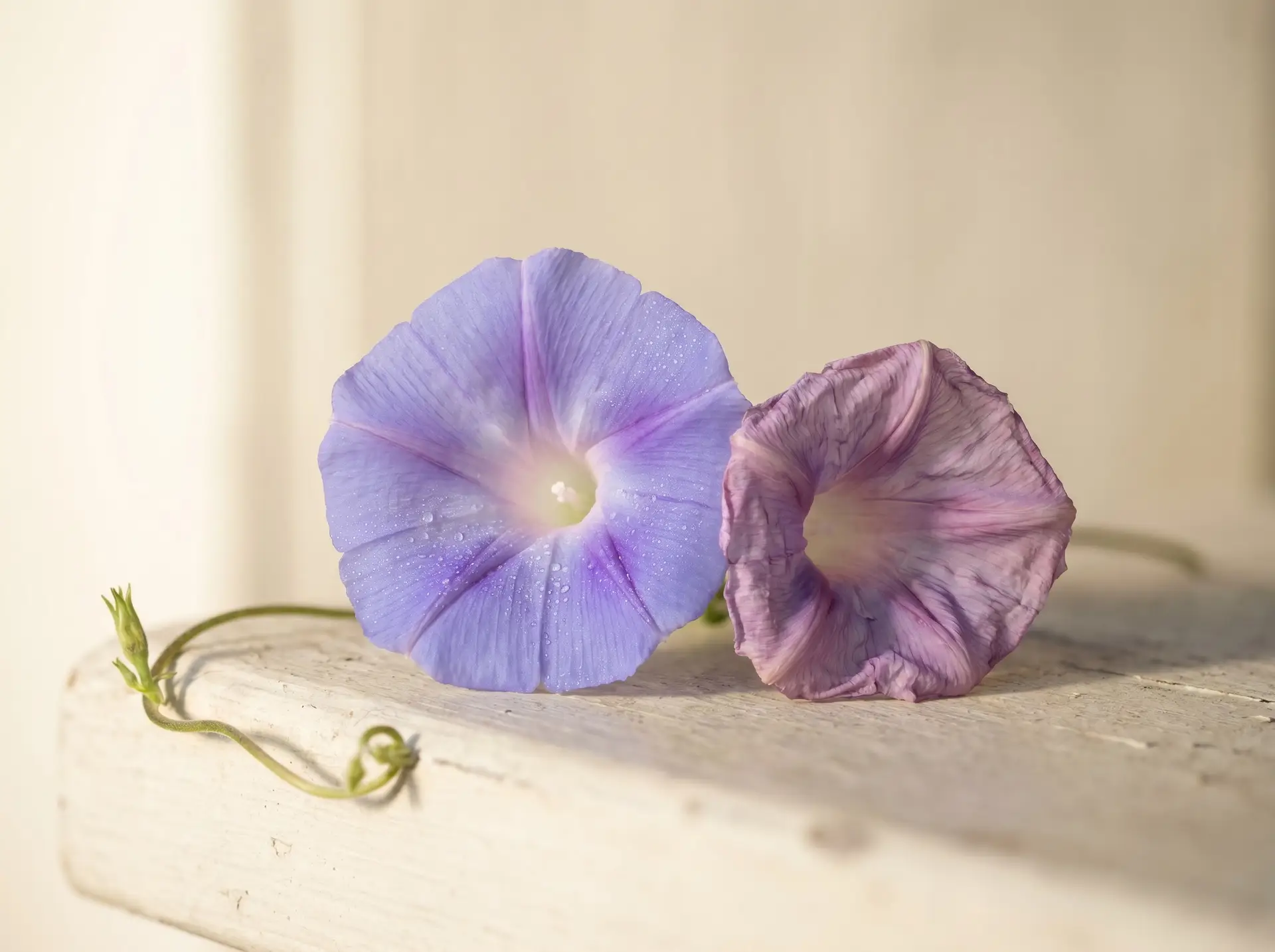 Open and wilting morning glory blooms evoking longing and unrequited love that lists skip