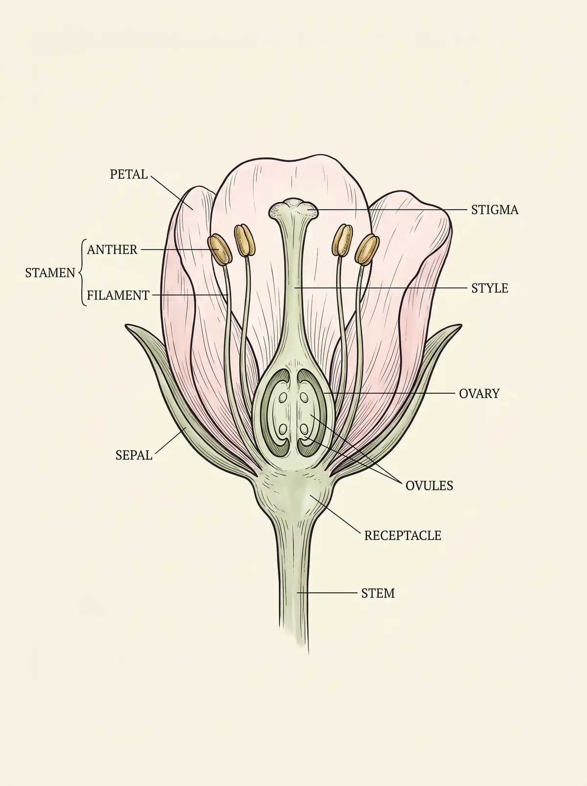Labelled cutaway of a flower showing the petal, sepal, stamen with its anther and filament, the pistil with stigma, style and ovary, the ovules, the receptacle and the stem.