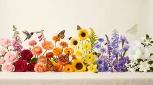 Types of flowers arranged in a colour spectrum from pink and red through orange, yellow and blue to white, each visited by the pollinator its colour attracts: a hummingbird at the red flowers, butterflies on the orange, bees on the blue, and a luna moth by the white night-blooms.