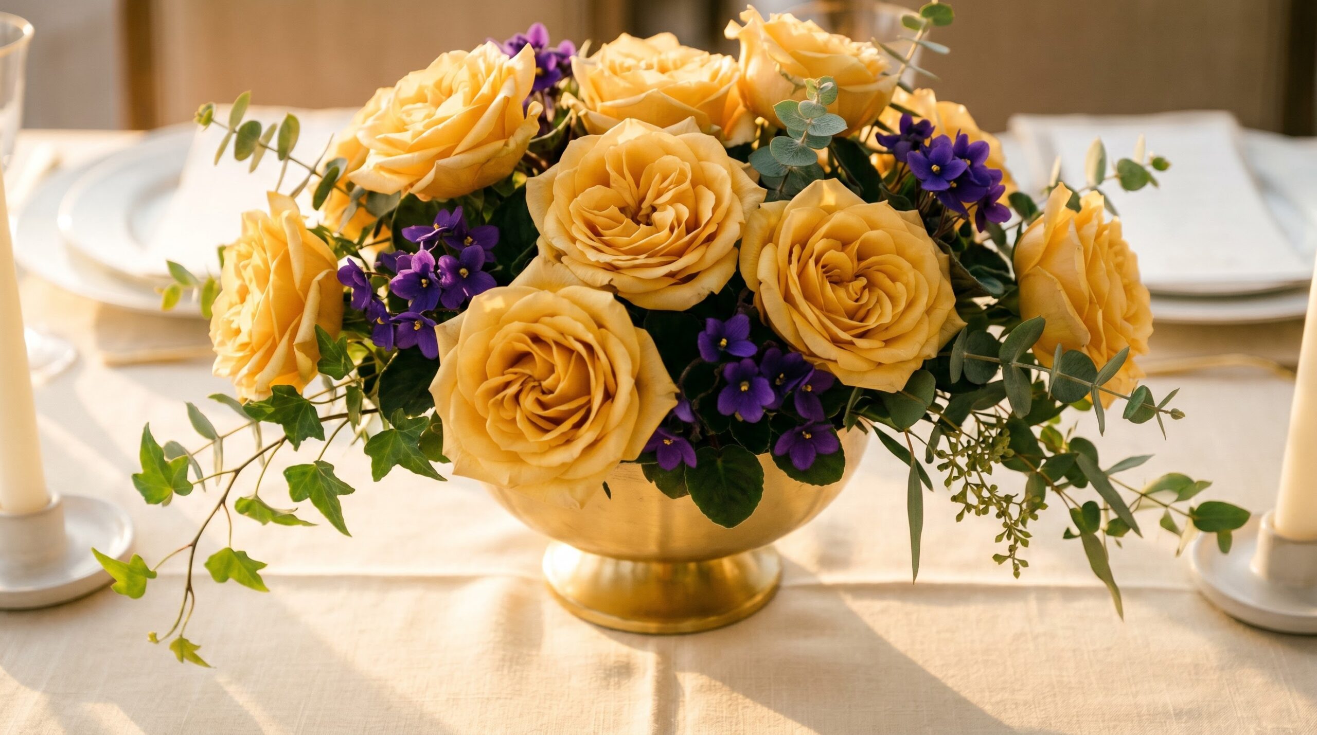 Yellow roses and violets in a low centerpiece for a golden anniversary table