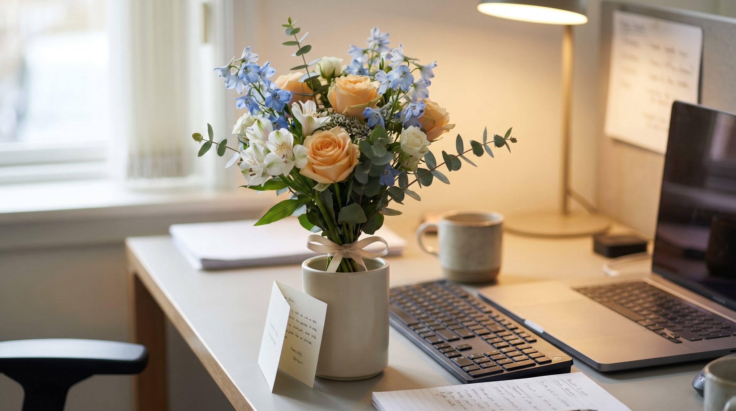 A bouquet and note arriving at an office desk beside a laptop