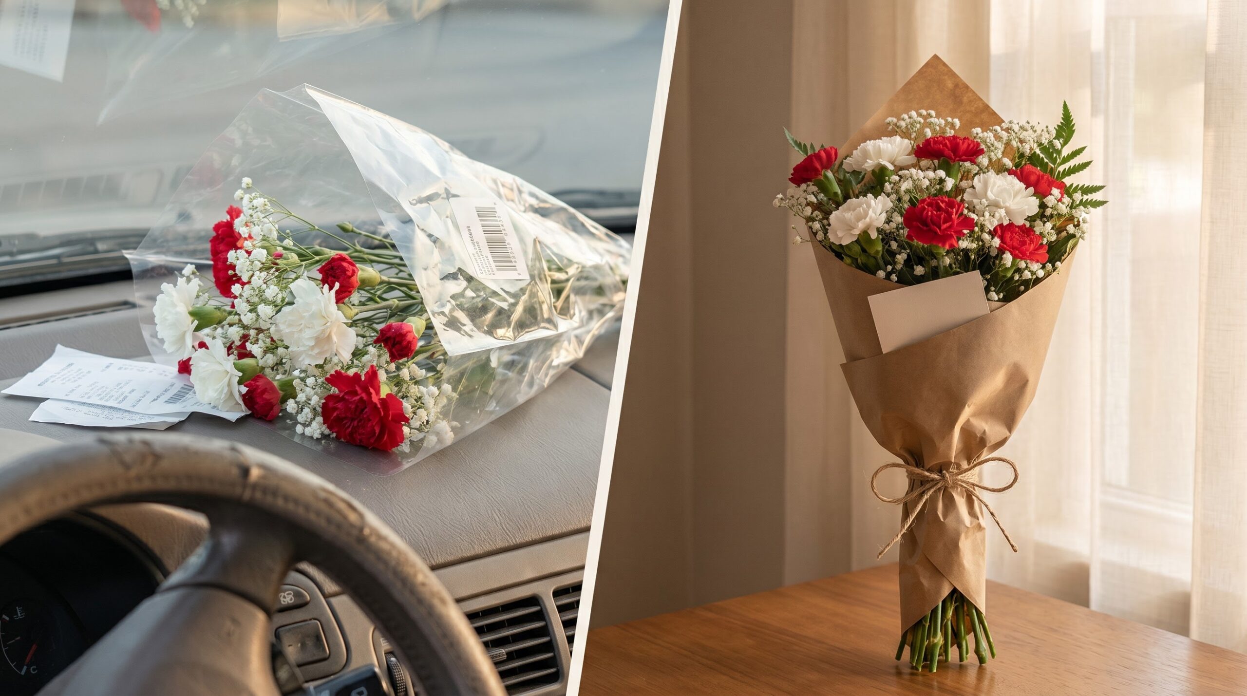 A wilting last-minute grocery bunch beside a modest planned hand-tied bouquet