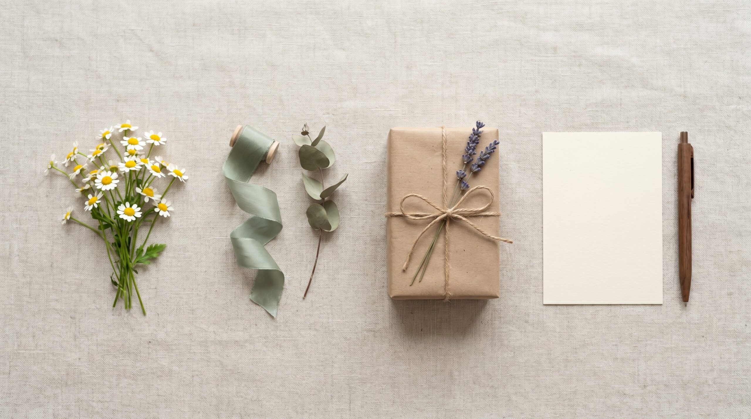 Four separate elements laid out flat showing a layered anniversary gift approach
