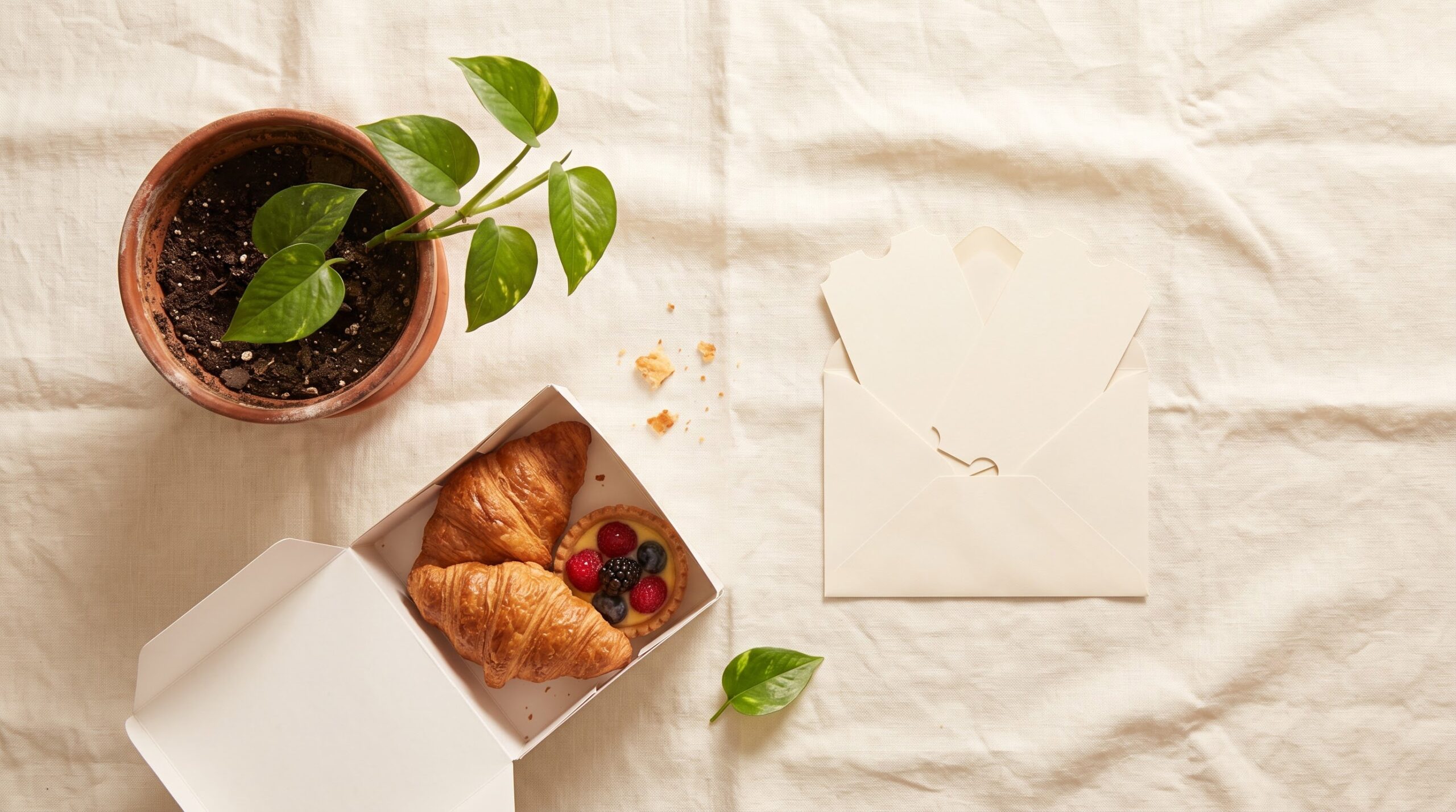Potted plant, pastry box and envelope with tickets shown as flower alternatives
