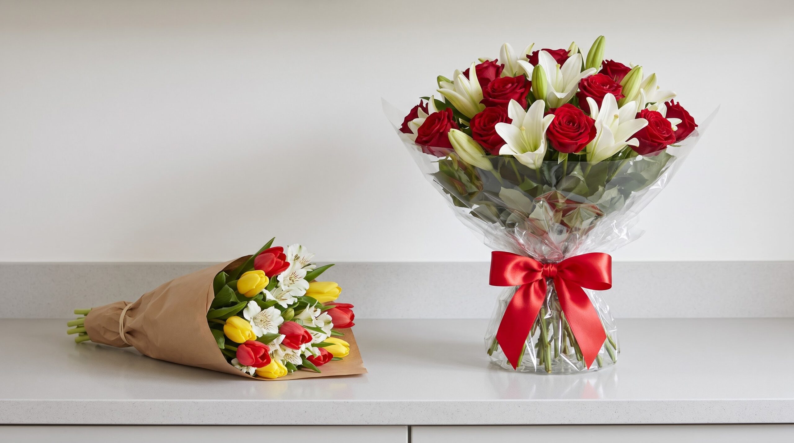 Plain grocery store bouquet standing next to a large cellophane wrapped florist arrangement