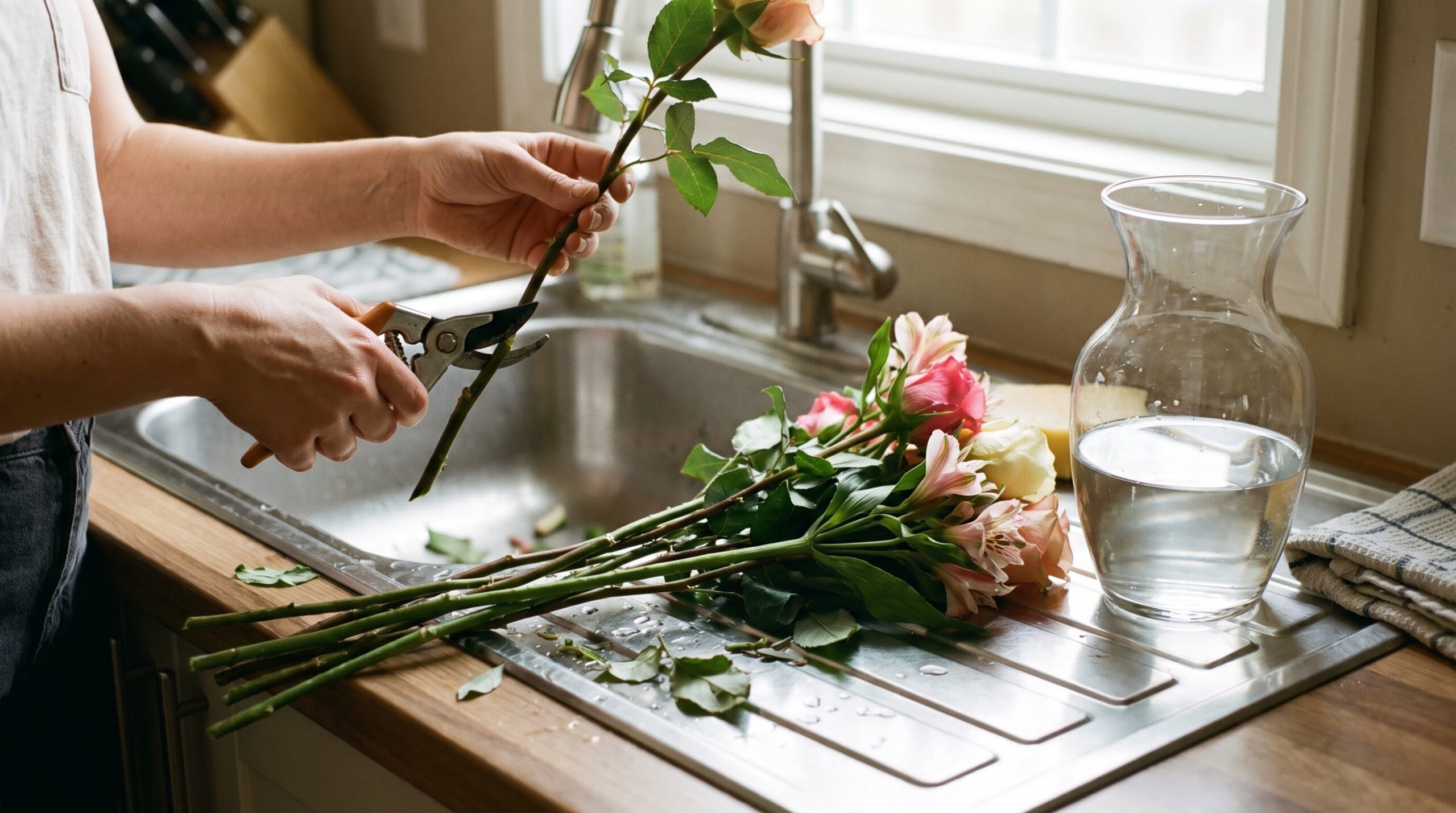 Hands trimming flower stems at a kitchen sink with a glass vase waiting