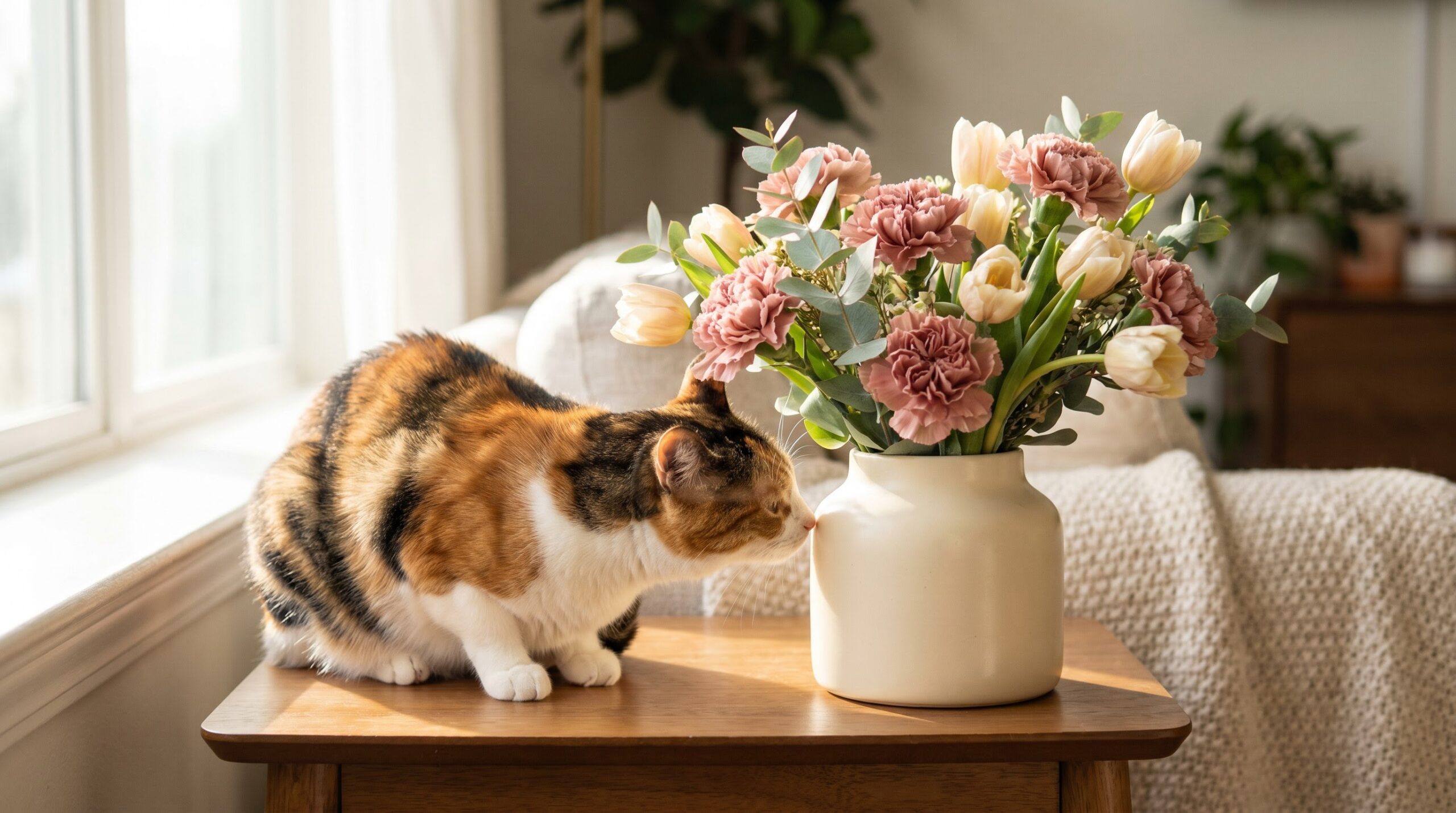 lily-free carnation and tulip bouquet with a cat nearby