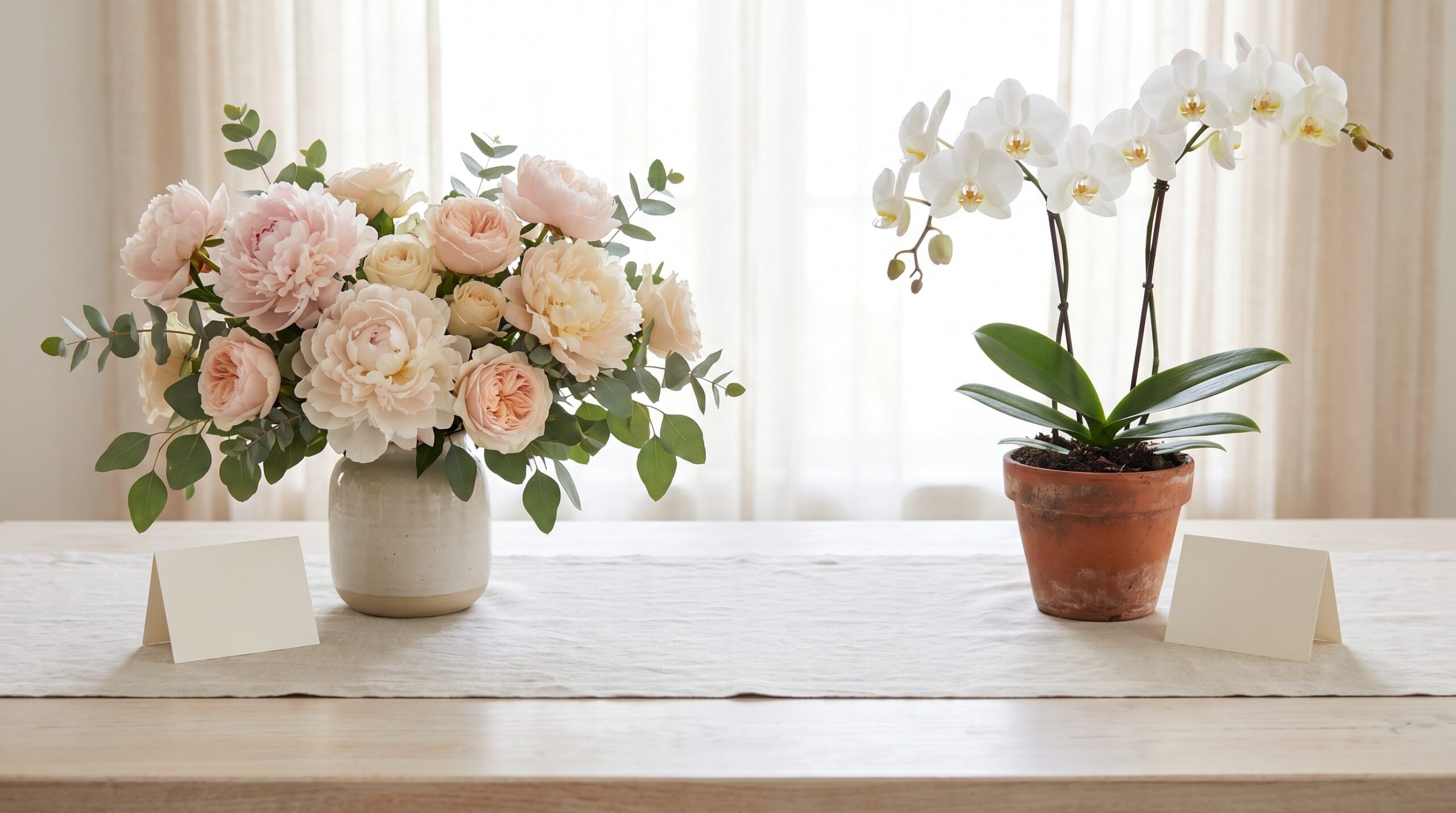 cut flower bouquet beside a potted plant as gift options