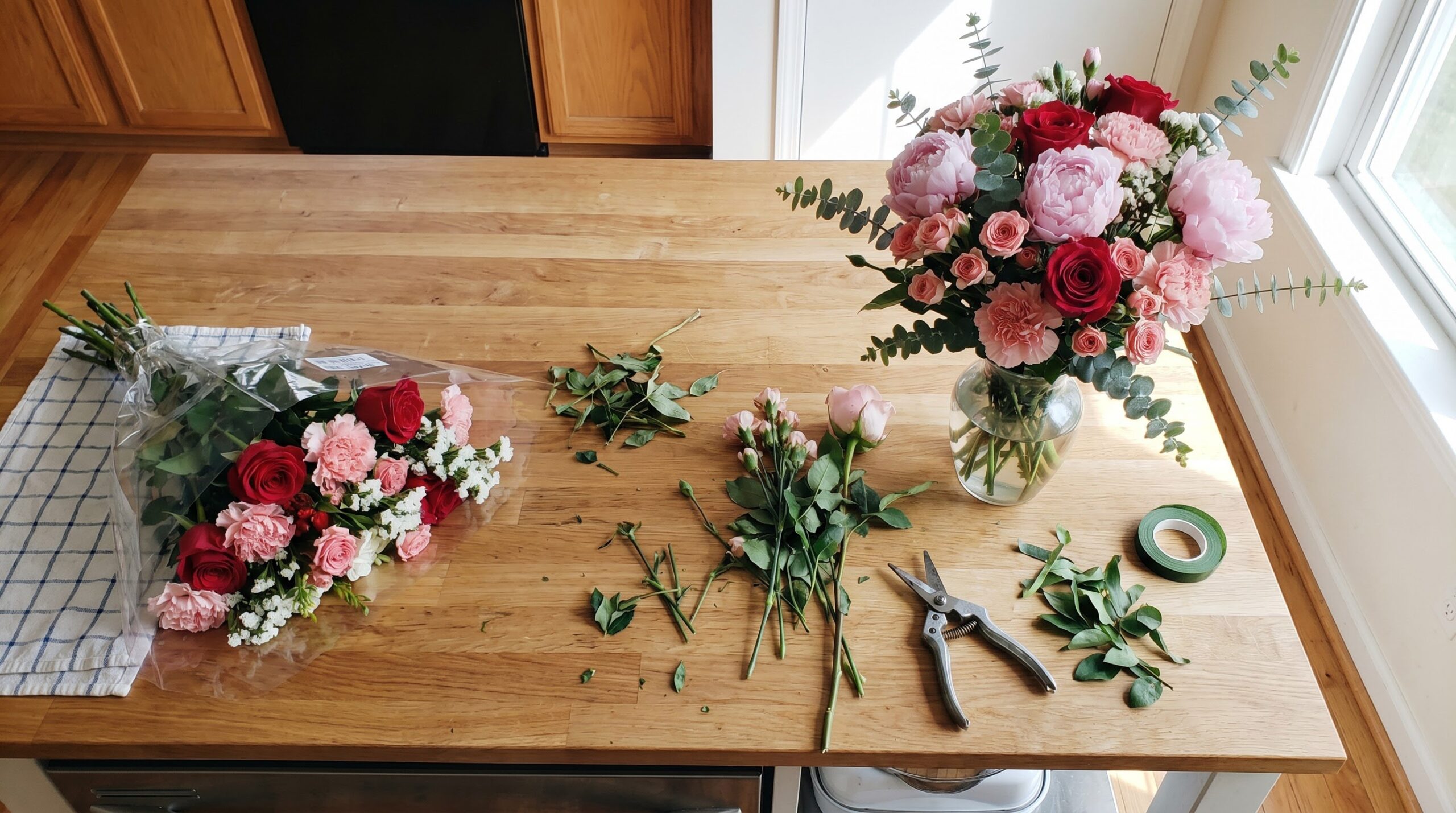plain grocery flower bunch rearranged into a fuller diy bouquet