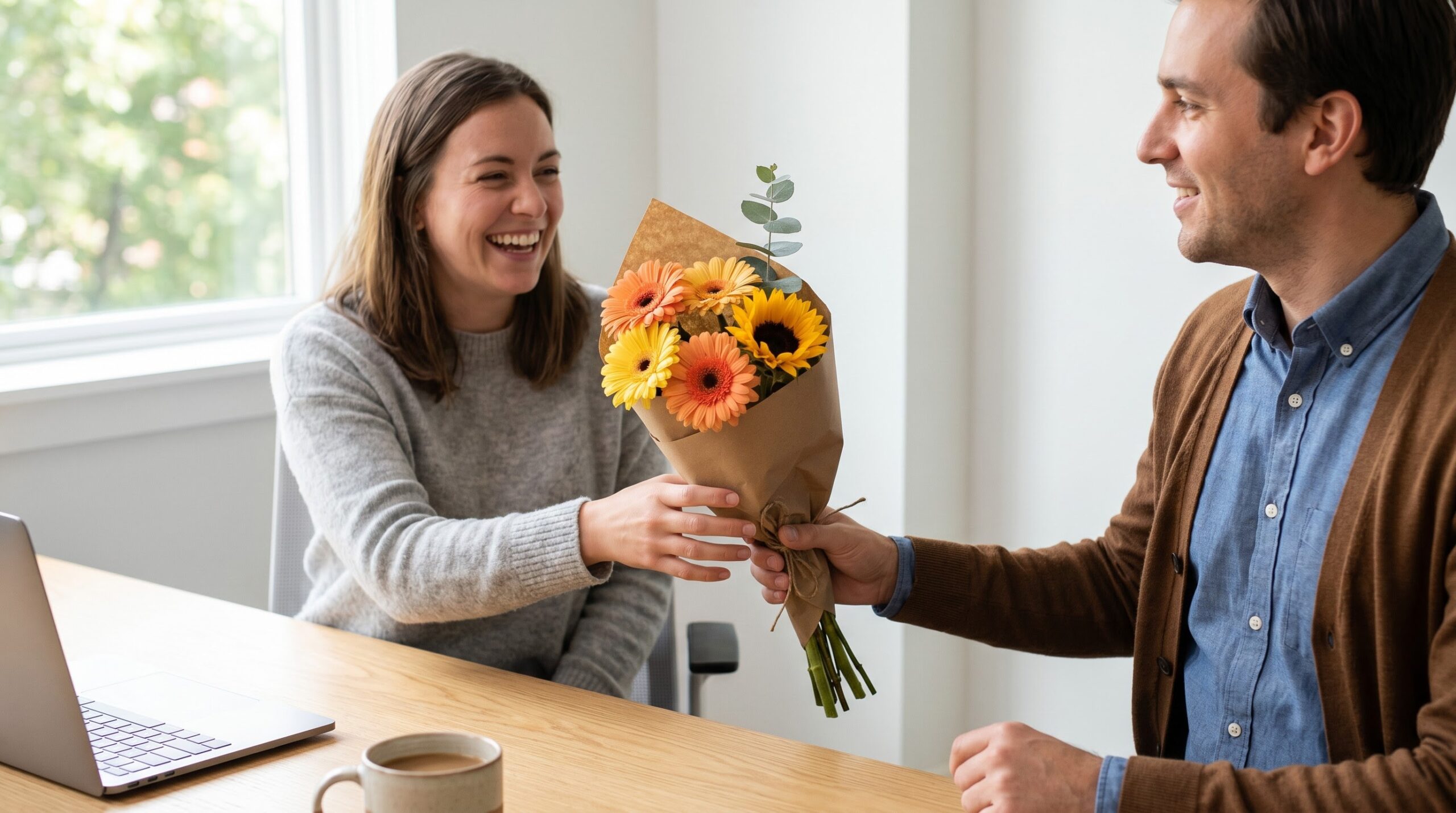 Coworker handing a small bright mixed bouquet across an office desk on a birthday