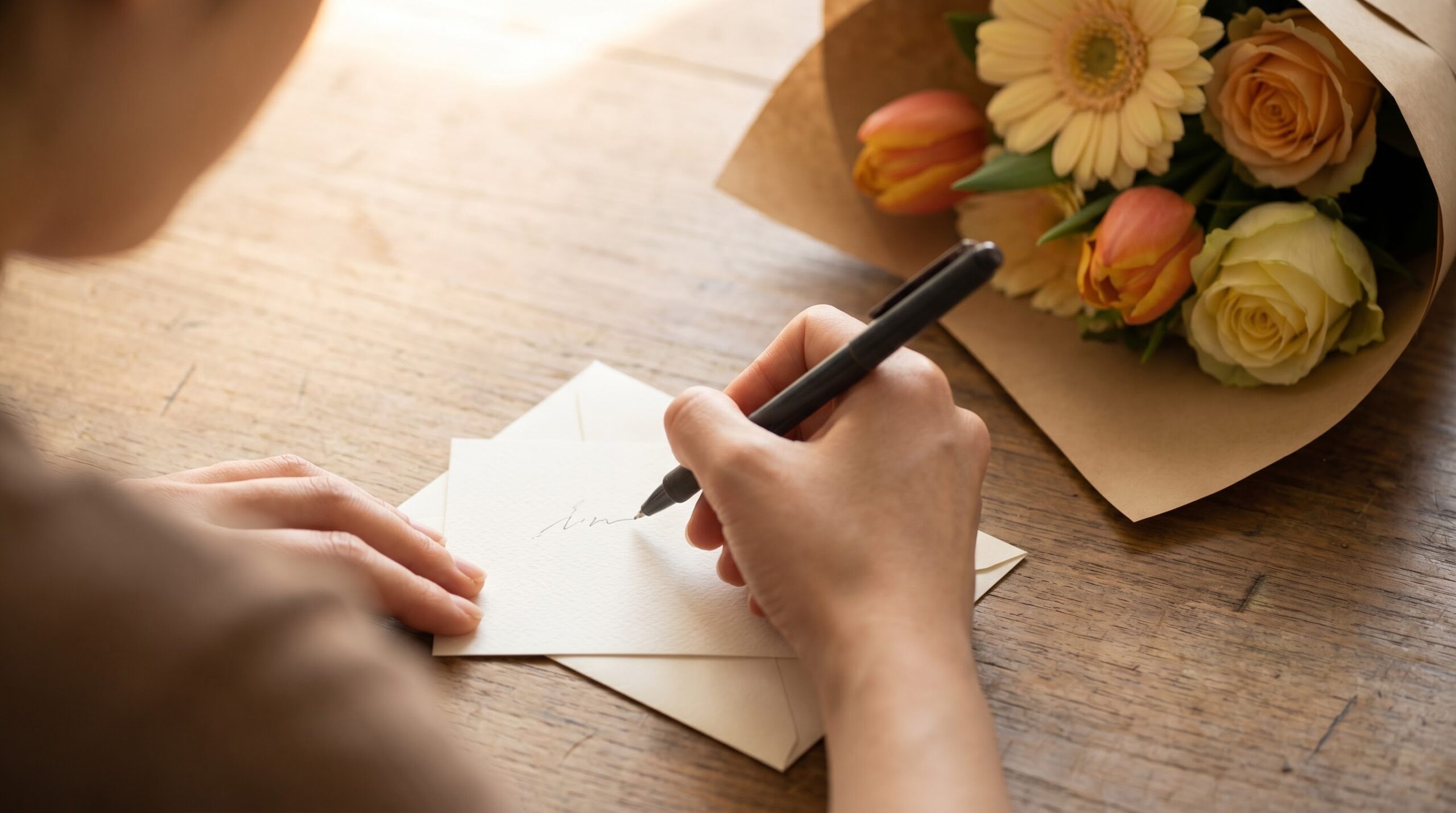 Writing a short friendly note on a small card beside a birthday bouquet