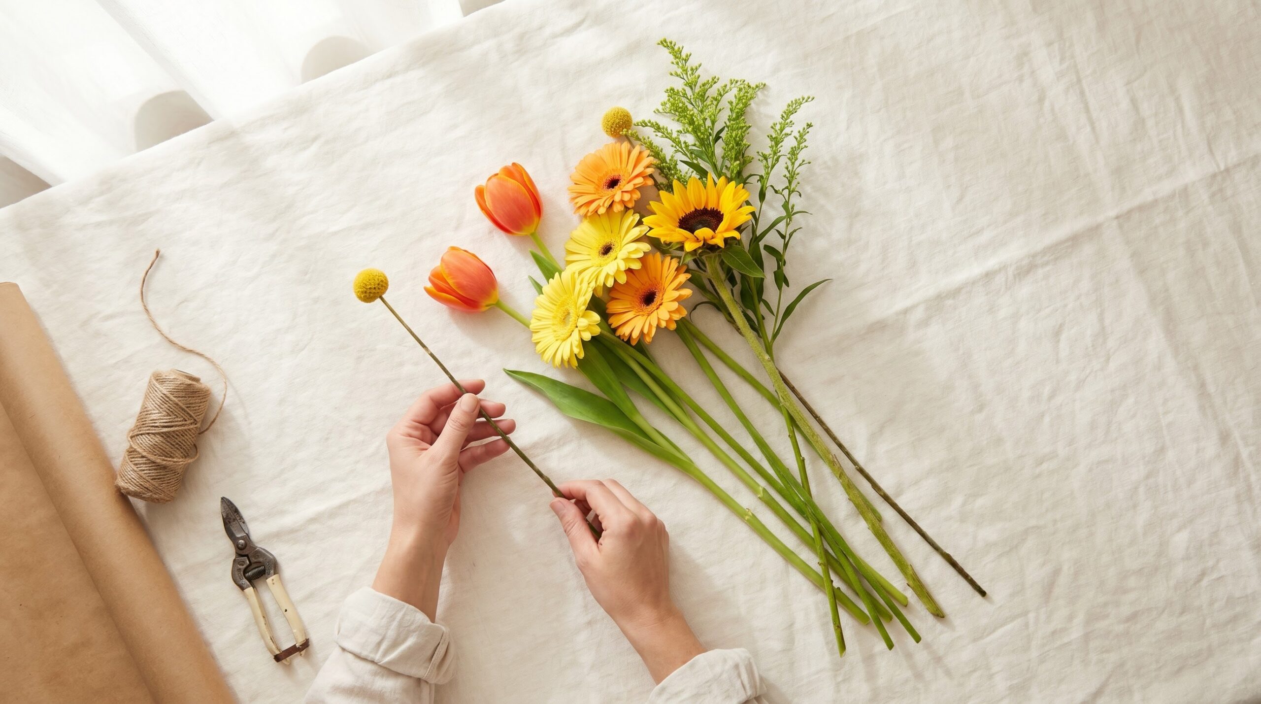 Hands counting seven bright stems while arranging an odd numbered birthday bouquet