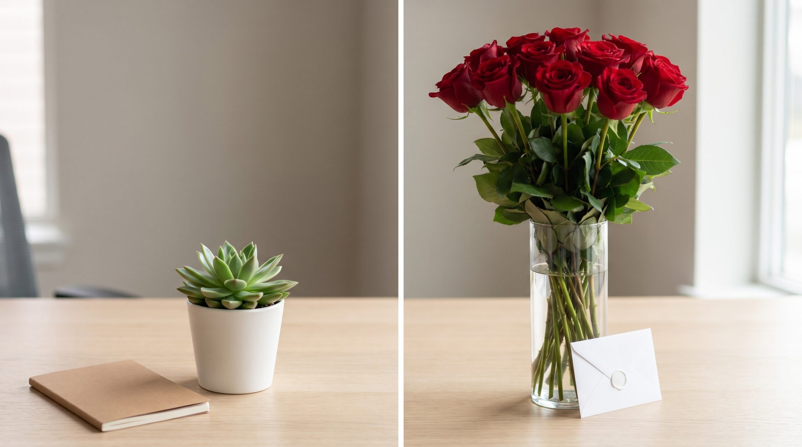Small potted plant beside a large red rose bouquet on the same desk