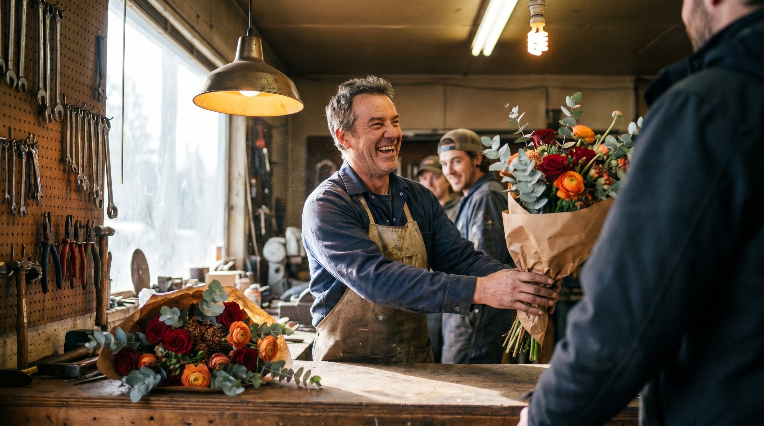 Smiling man in work apron receiving a birthday bouquet at his workshop counter