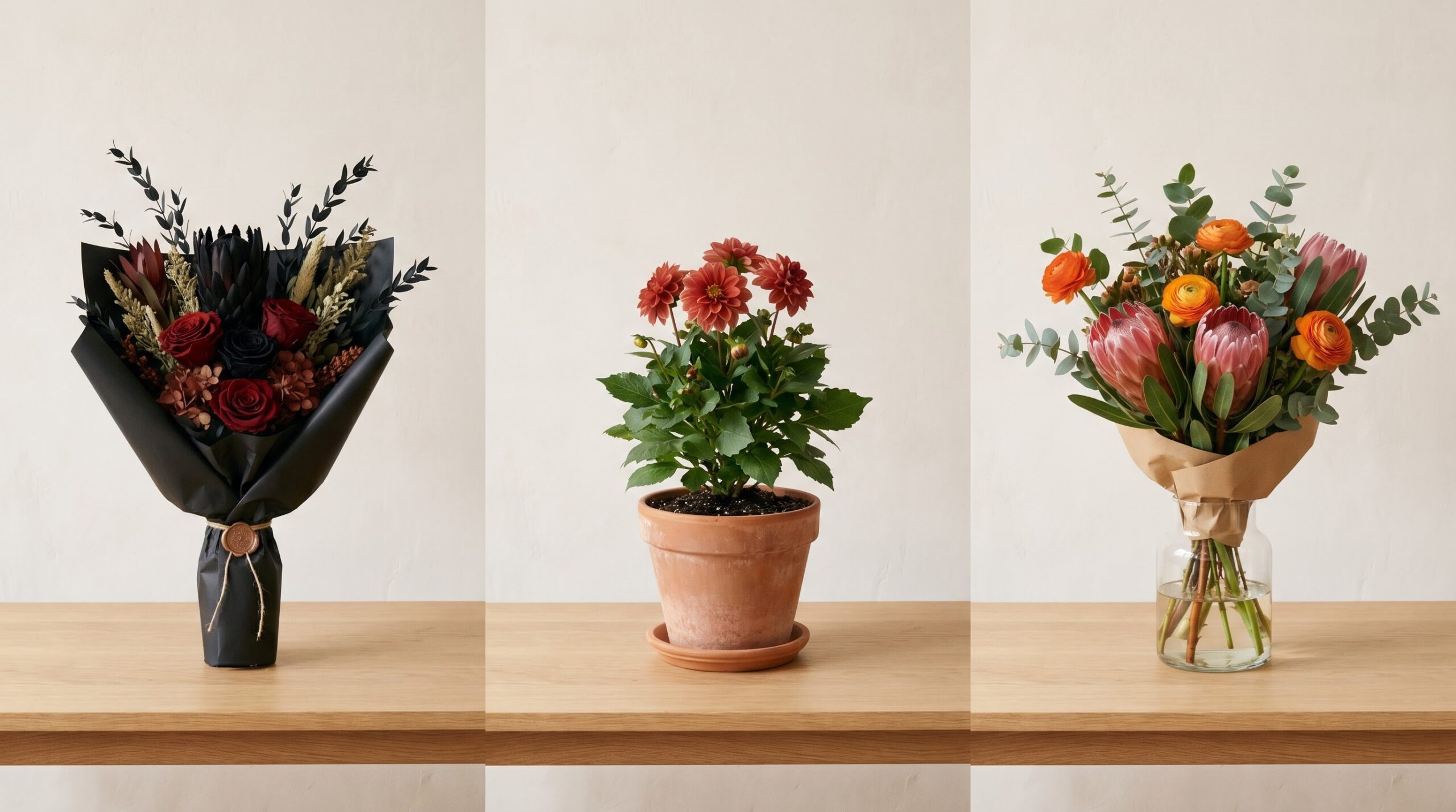 Eternal ramo, potted dahlia and fresh masculine bouquet compared side by side