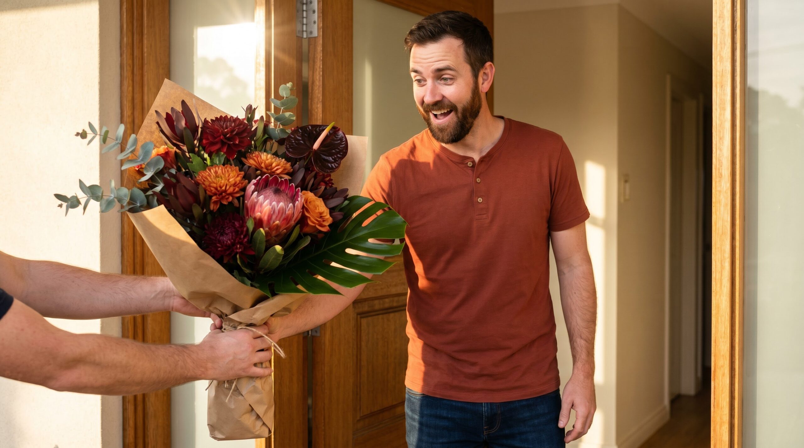 Surprised man at his front door receiving a bold red and orange birthday bouquet