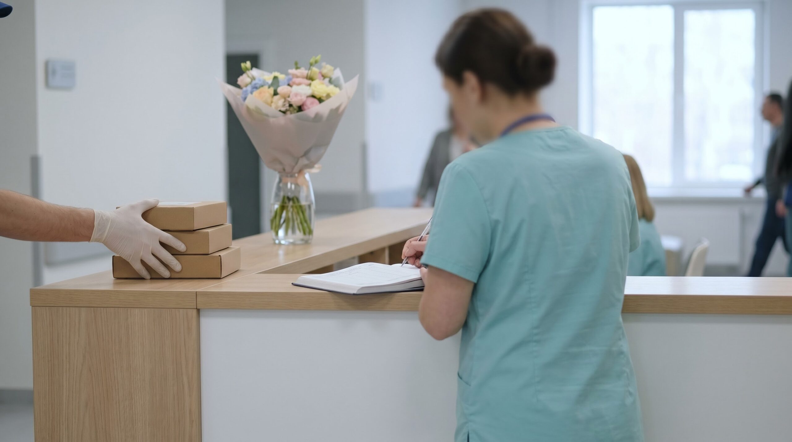 A hospital front-desk staffer logging a compact flower delivery at the reception counter