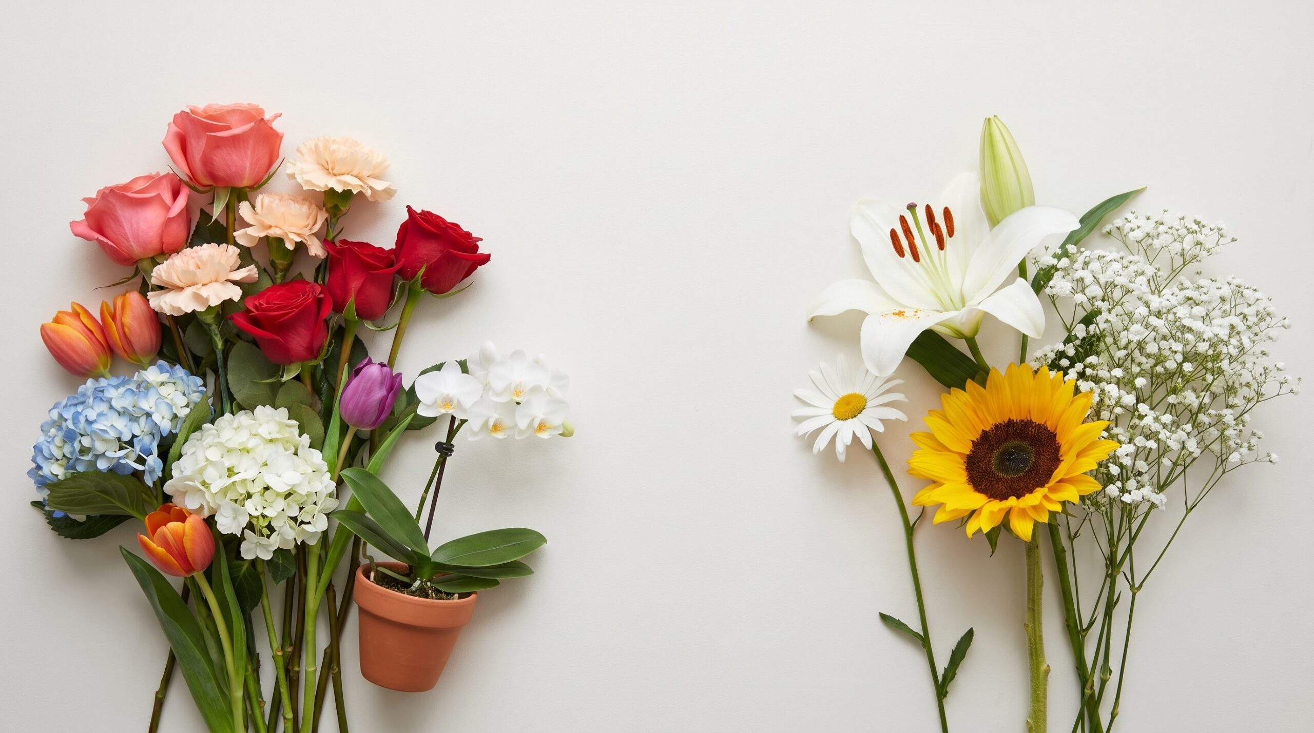 Overhead comparison of hospital-safe flowers beside high-pollen stems to avoid like lilies and sunflowers