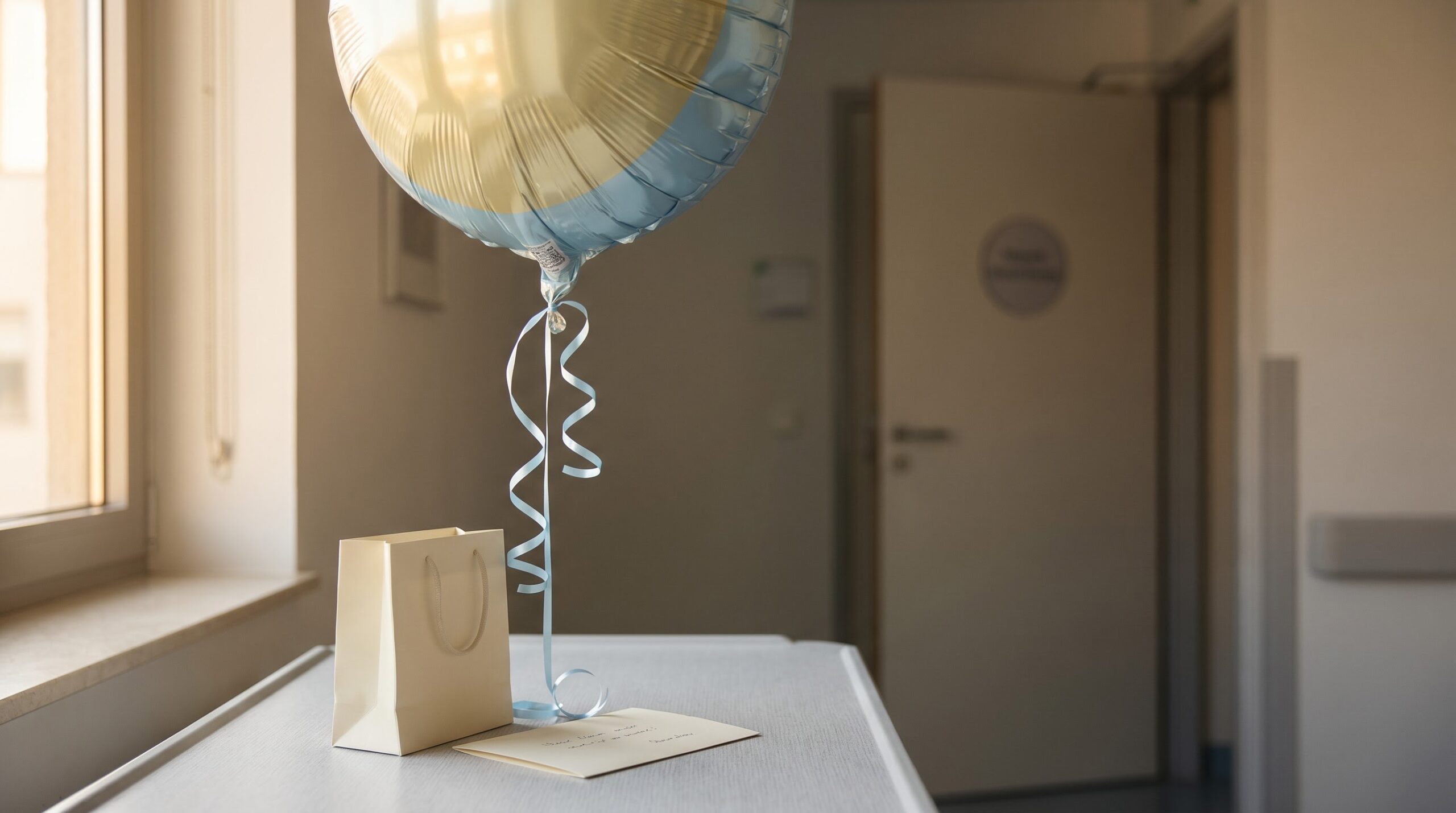 A foil get-well balloon and card outside a hospital room where fresh flowers are not allowed