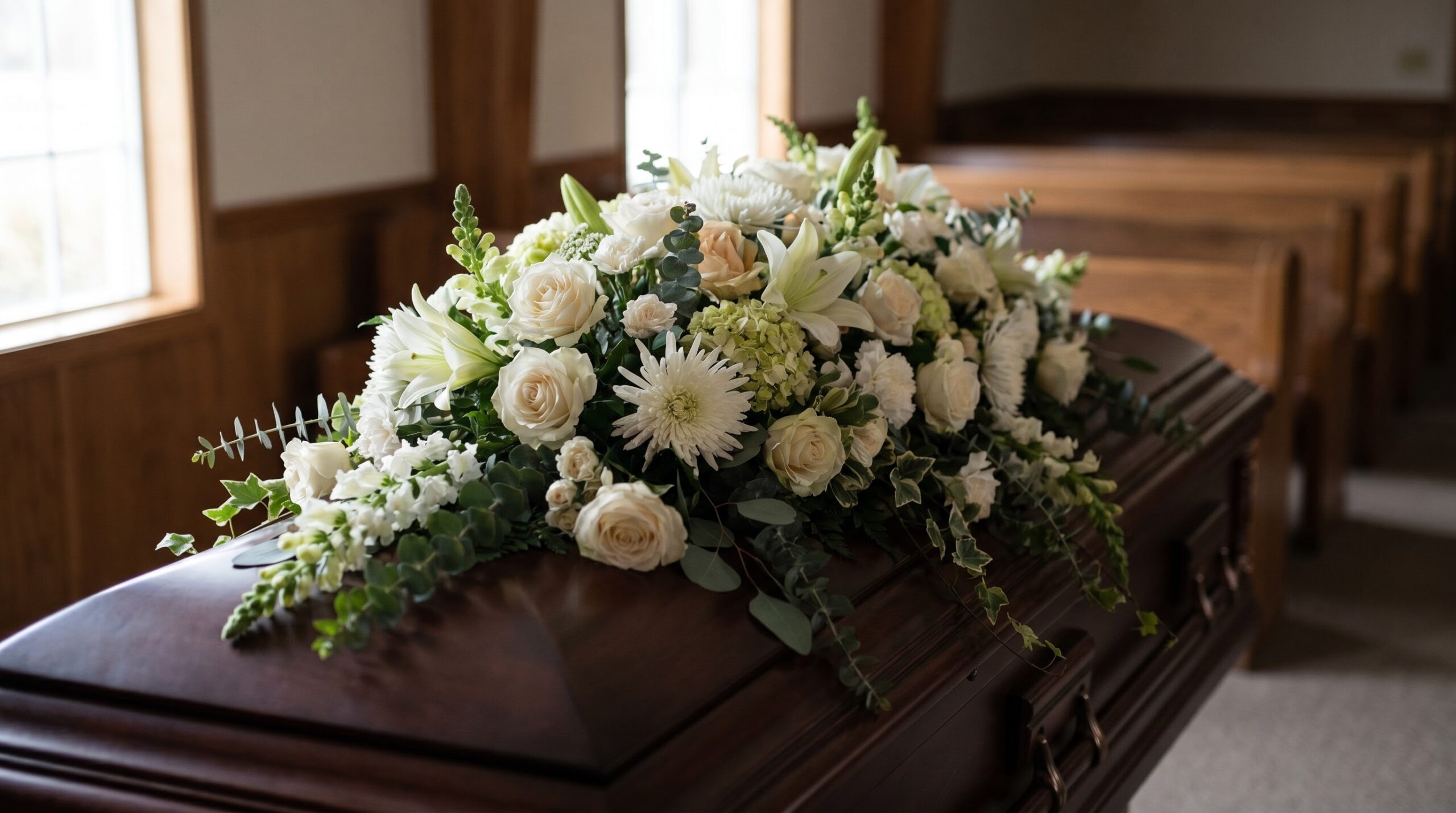 Full white and cream casket spray resting on a closed wooden casket