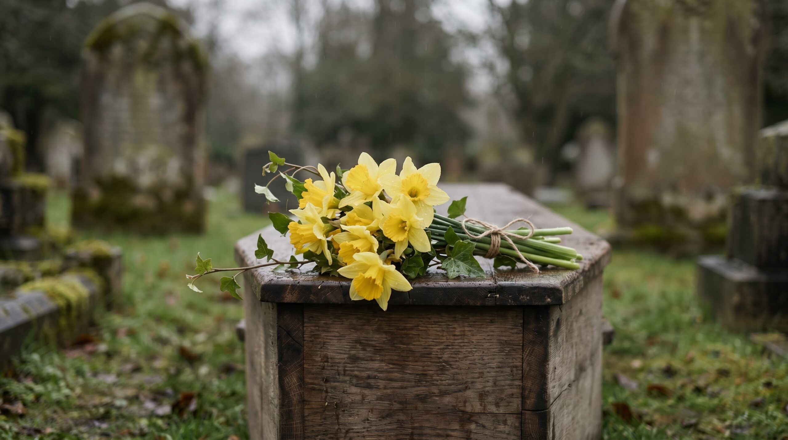 Loose daffodils from a home garden resting near a plain casket